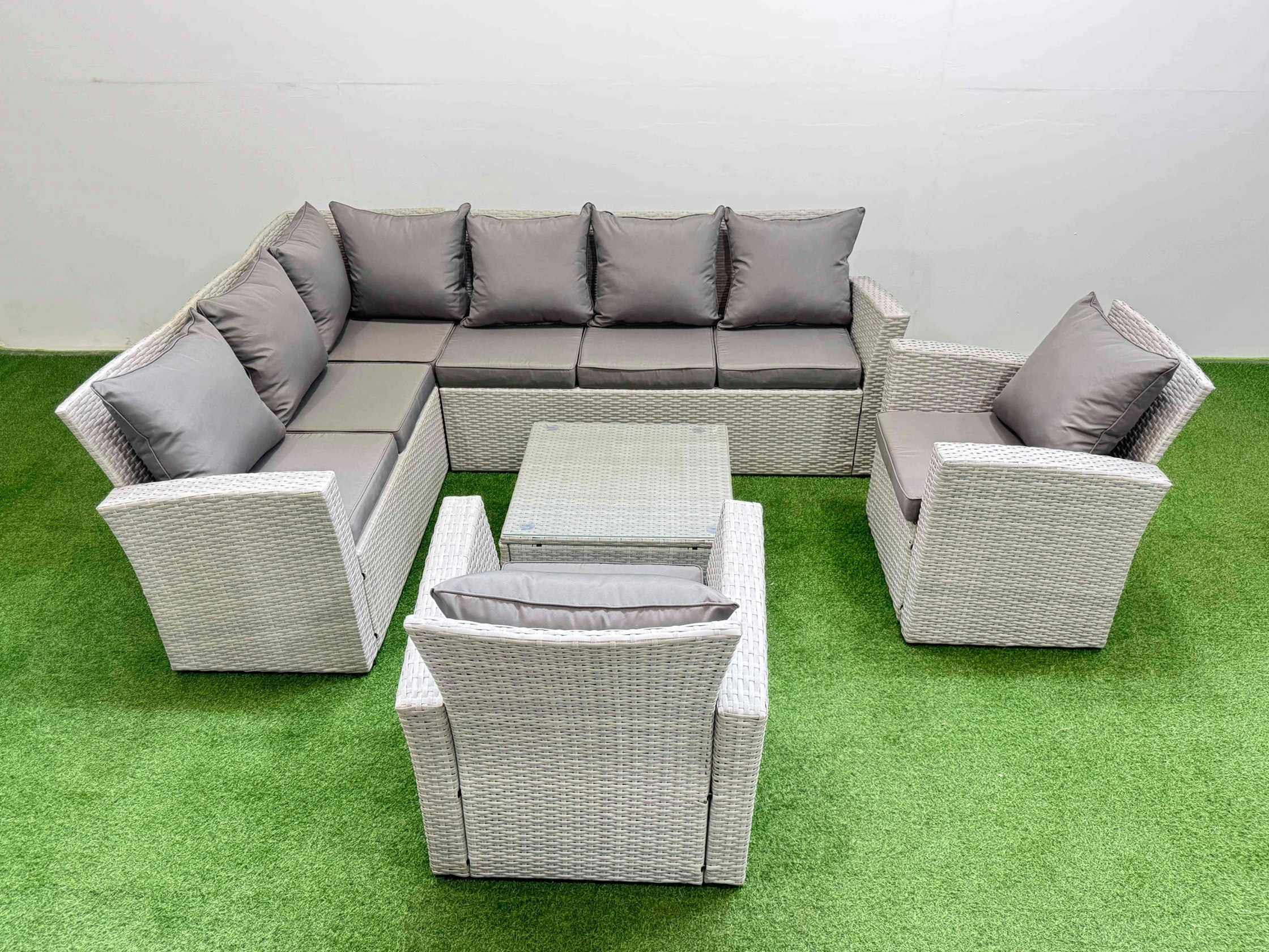 Fimous Light/Grey Outdoor Rattan Garden Furniture Set 8 Seater Corner Sofa Sets With Square Coffee Table 2 Chairs Mixed