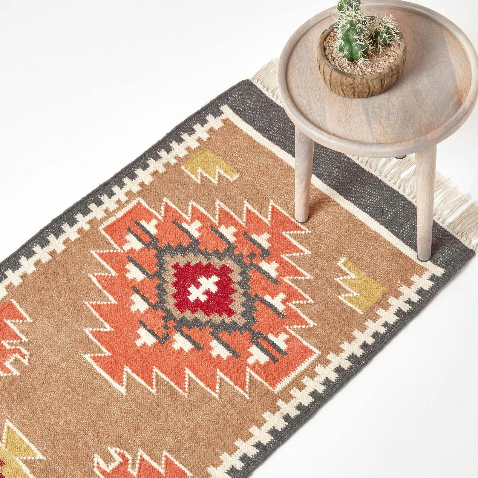 Homescapes Brown/Orange Jaipur Handwoven And Kilim Wool Rug - 66 X 200 Cm