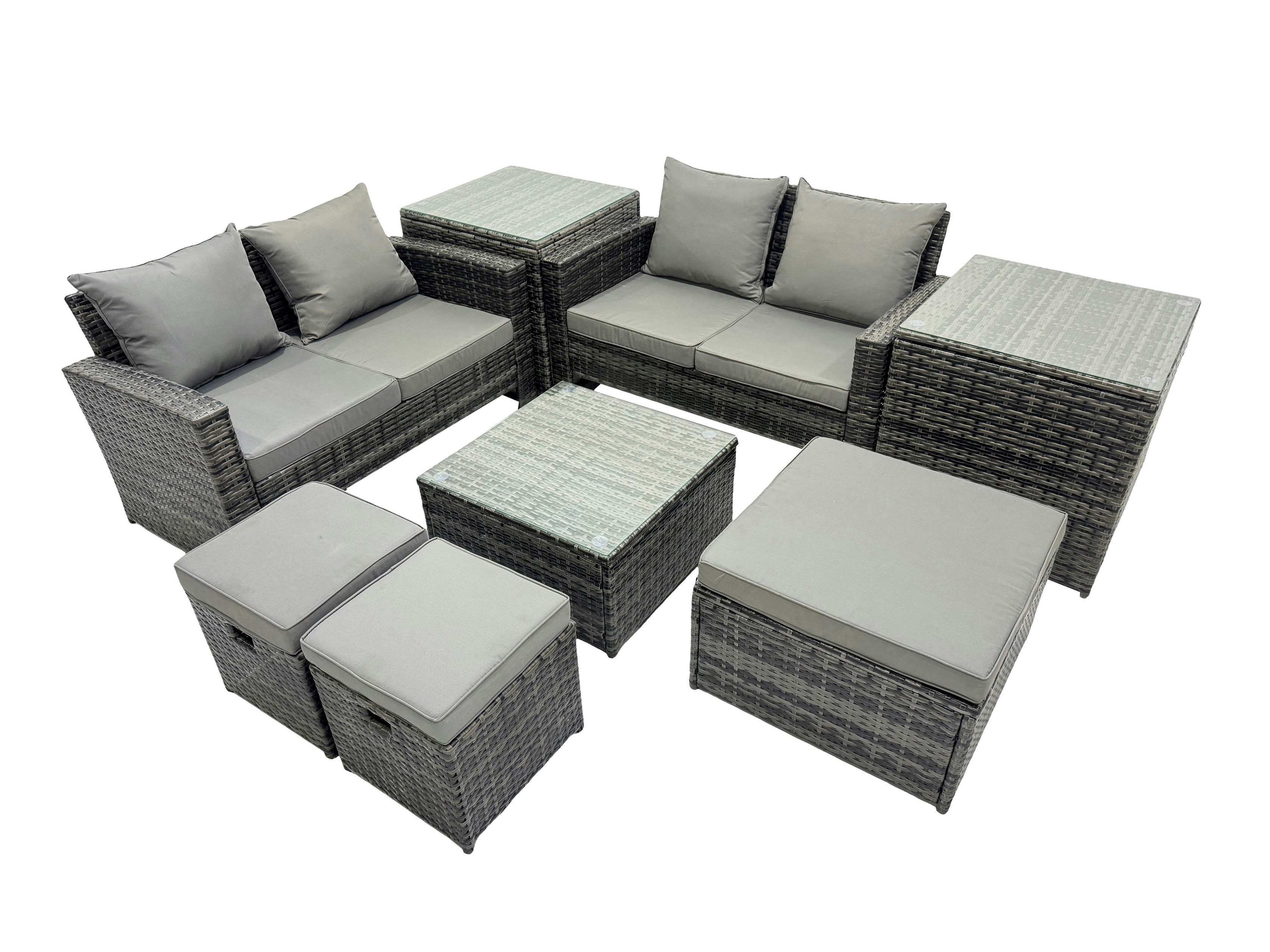 Rackhams Dark/Grey Pe Rattan Garden Furniture Set Lounge Double Seat Sofa Coffee Table Set With 2 Side Tables 3 Stools Mixed