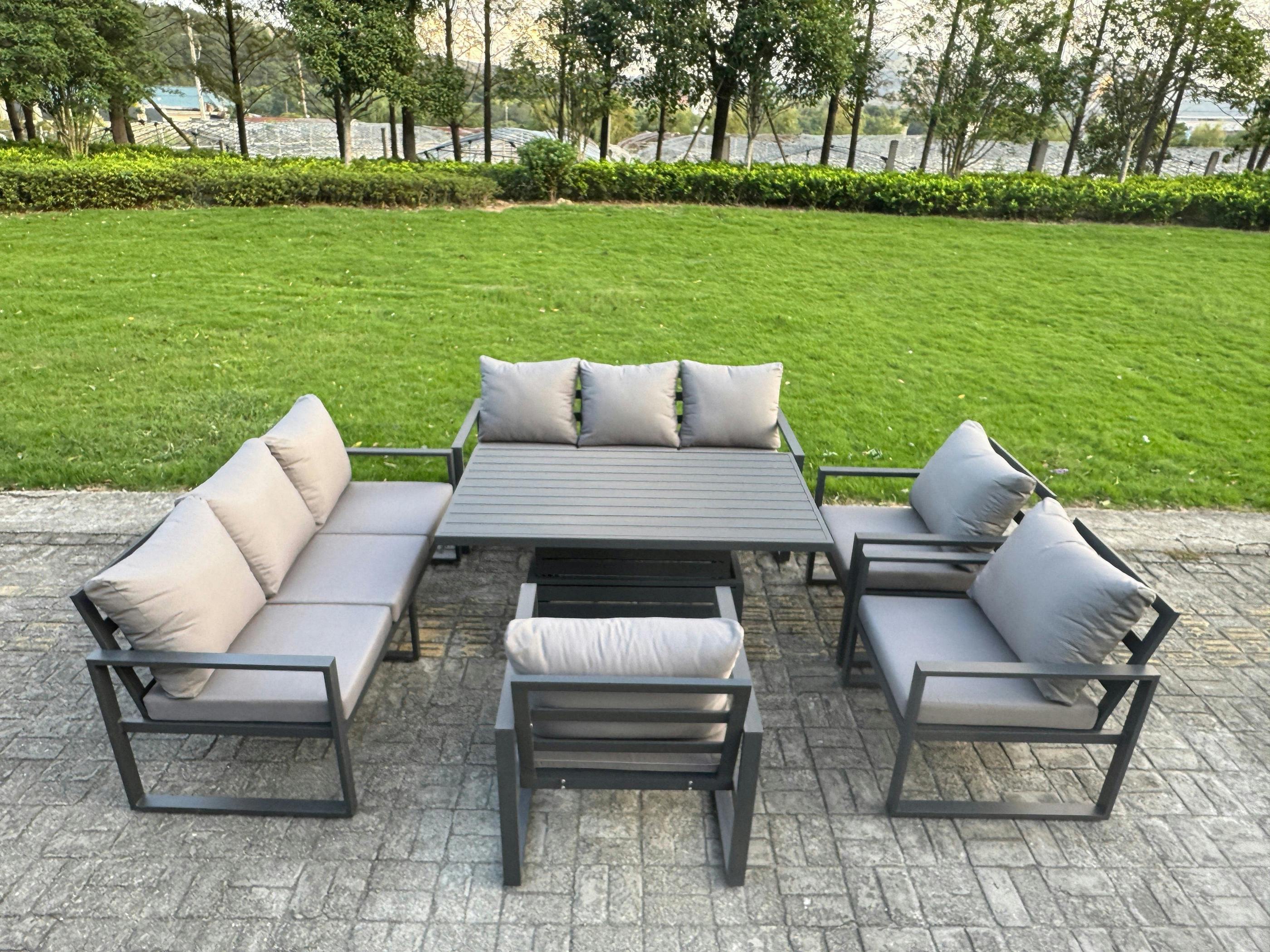 Rackhams Dark/Grey 9 Seater Aluminium Garden Furniture Set With Adjustable Rising Dining Table, 3 Chairs