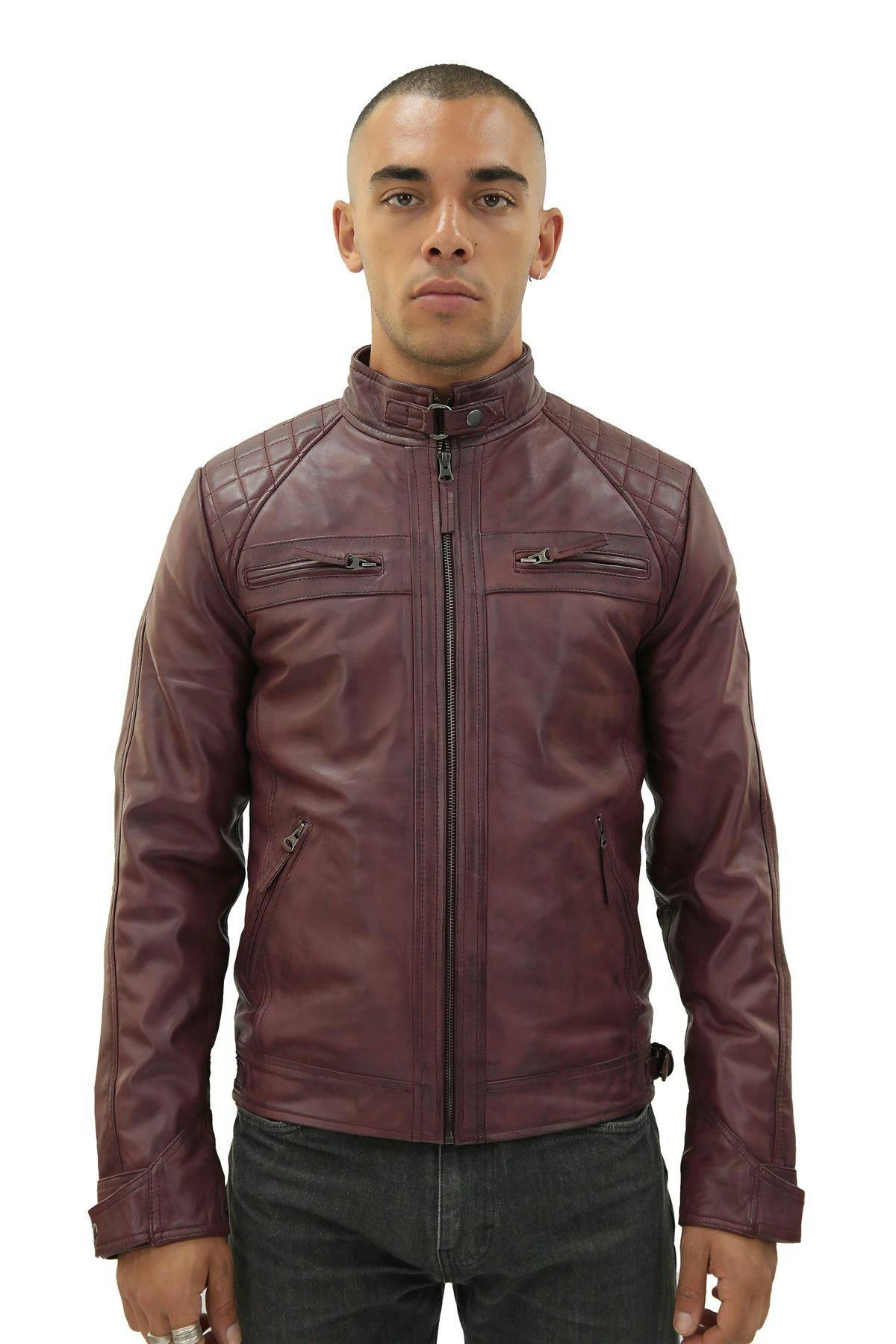 Infinity Leather Men's Burgundy Vintage Leather Quilted Biker Jacket-Monaco - Uk 3XL | Eu 56 | Us 46