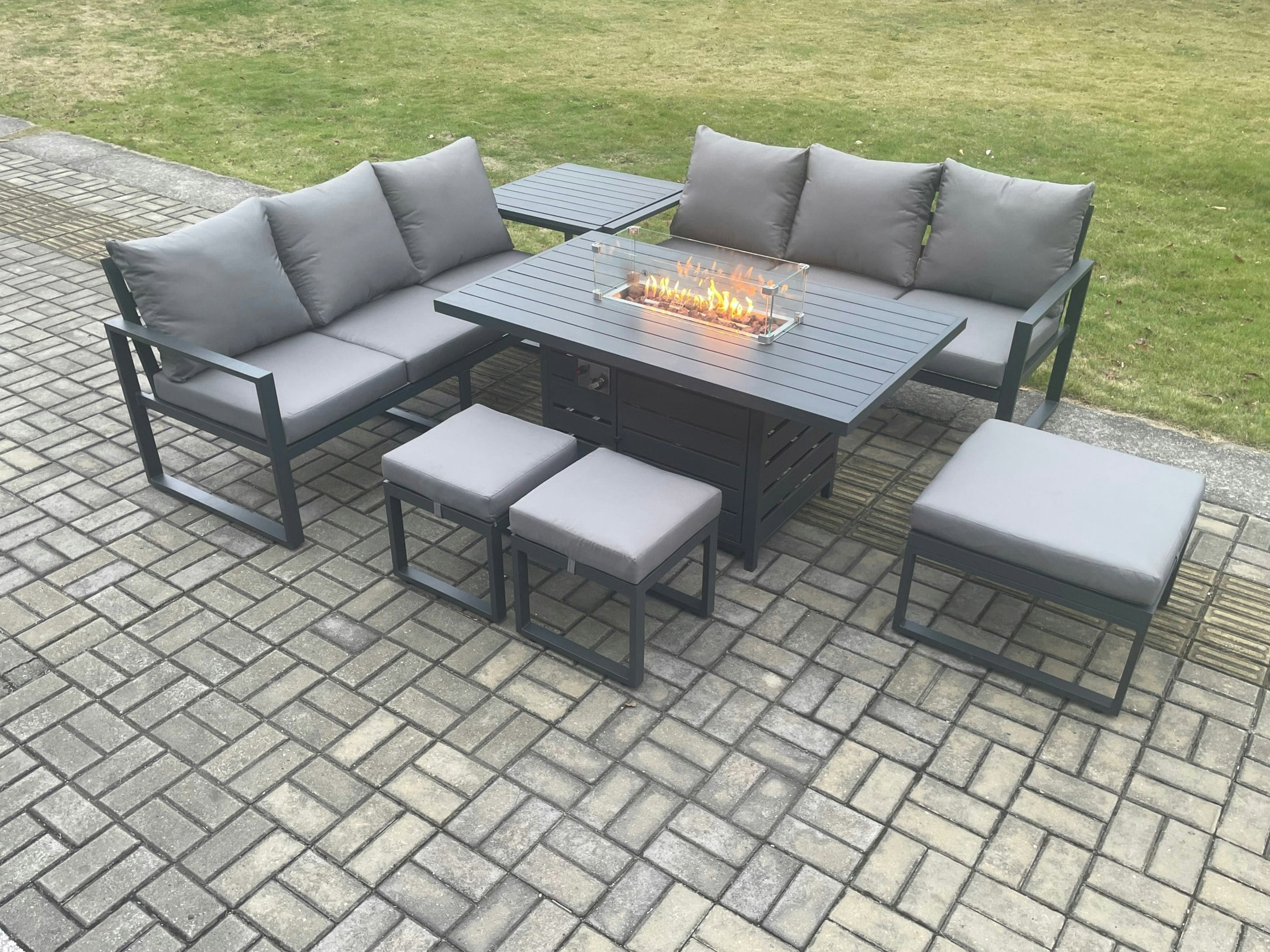 Rackhams Dark/Grey Aluminium Outdoor Lounge Sofa Garden Furniture Sets Gas Fire Pit Dining Table Set With 3 Footstools Side Table