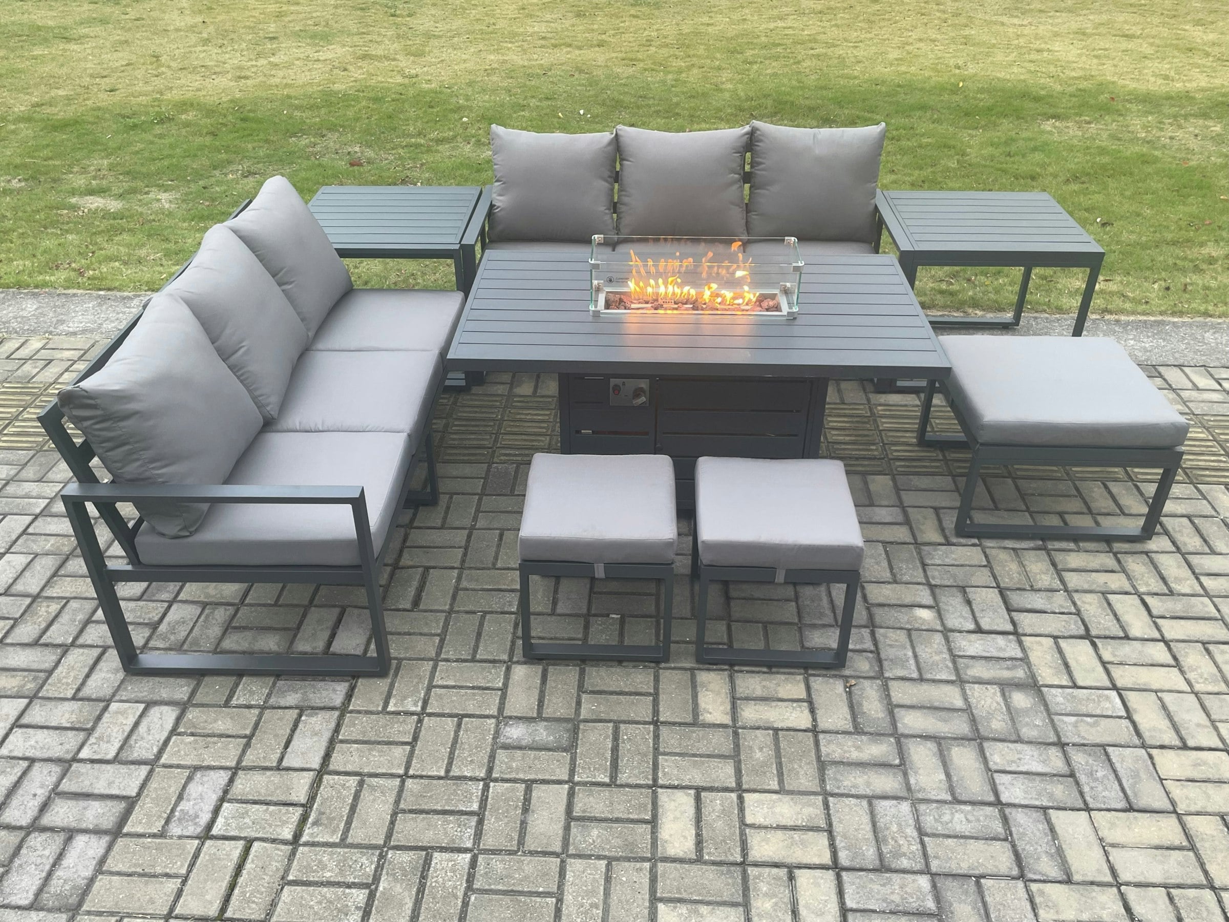 Fimous Dark/Grey Aluminium Outdoor Lounge Sofa Garden Furniture Sets Gas Fire Pit Dining Table Set With 3 Footstools 2 Side Tables