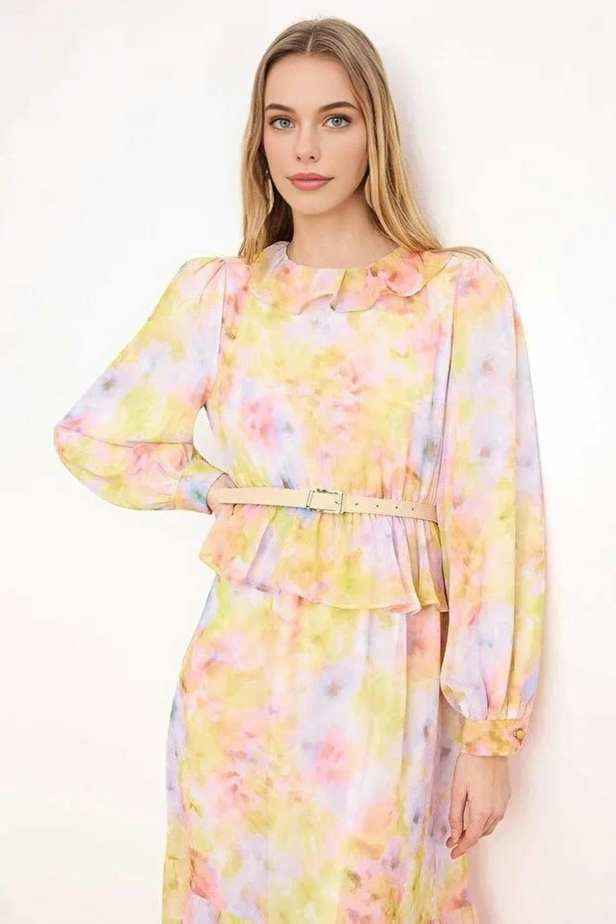 Wovcor Silk Chiffon Floral Woven Dress With Belt Detail - Multi - 14