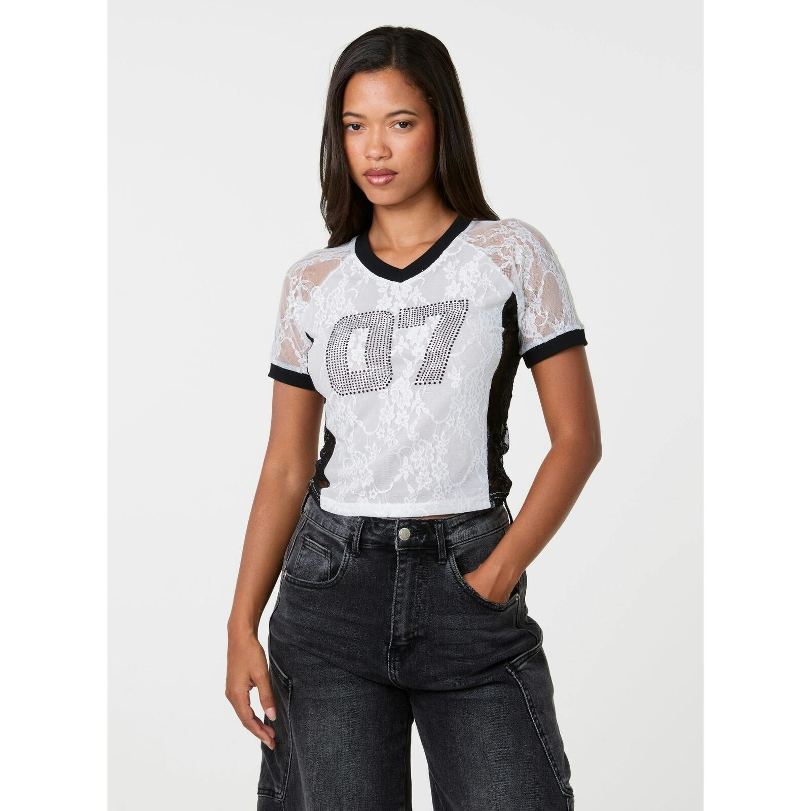 Pink Vanilla Pink/Ivory Vanilla Lace Diamante Baseball Tee - L
