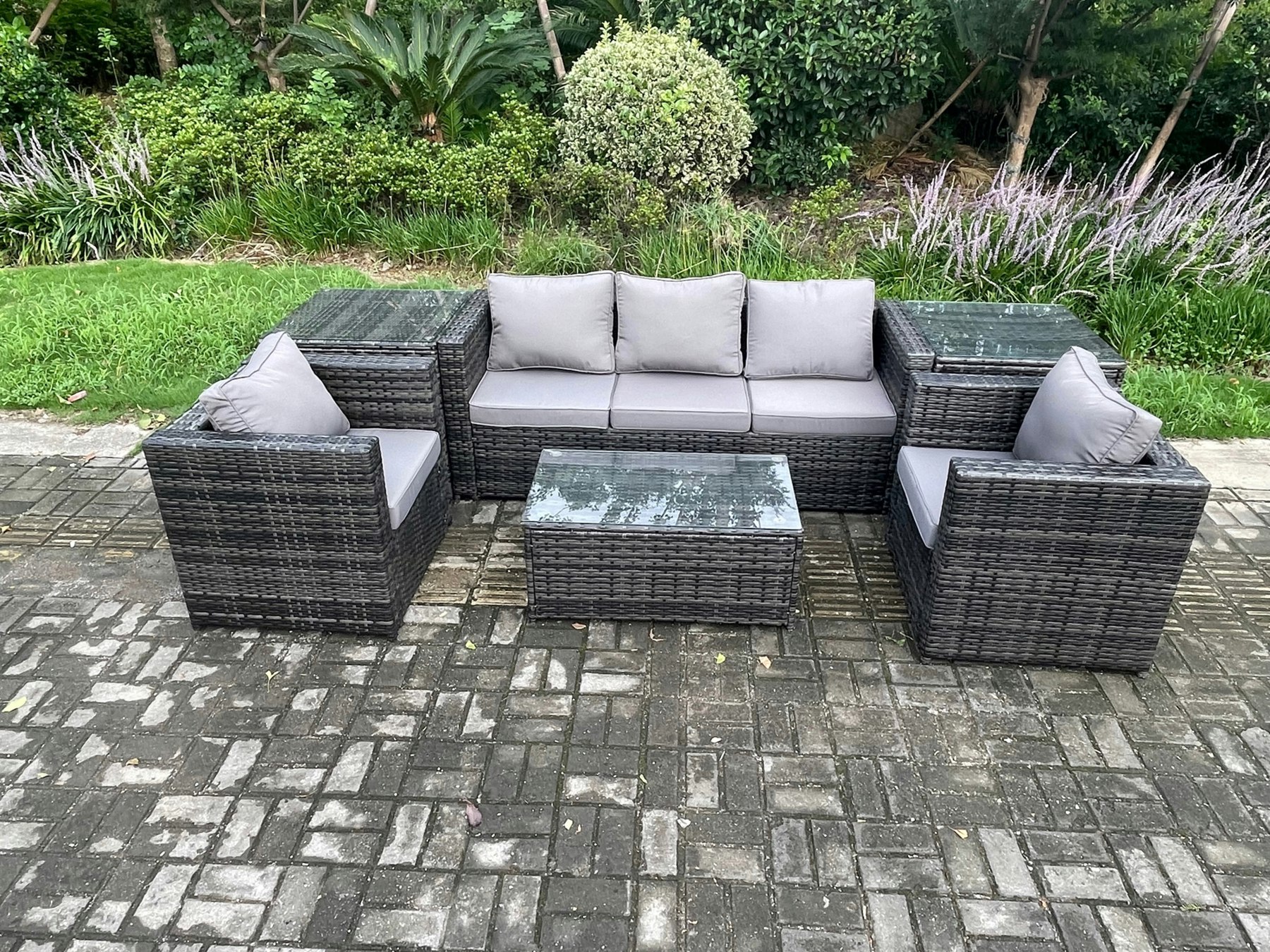 Rackhams Dark/Grey Rattan Garden Furniture Set With 3 Seater Sofa Coffee Table 2 Side Tables 2 Armchairs Indoor Outdoor Patio Lounge Sofa Set Mixed