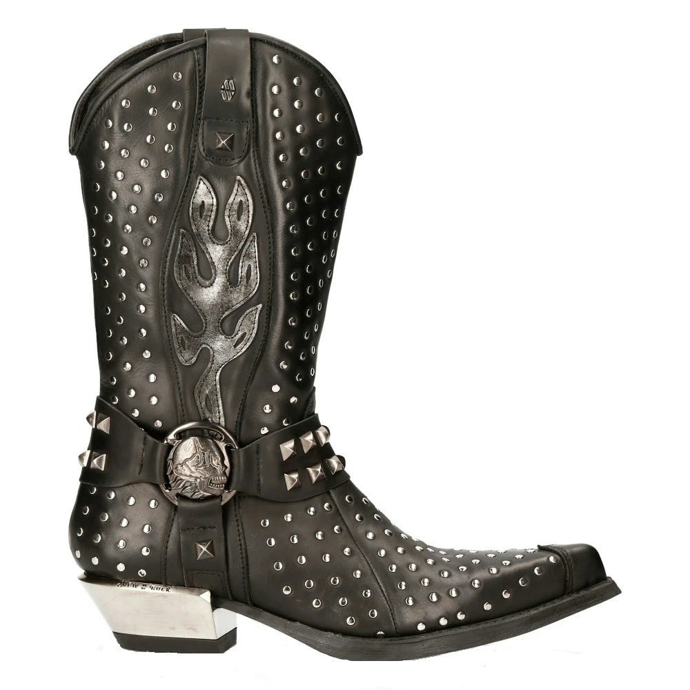 New Rock Black/Silver M-7928-S1 Western Cowboy Boots Leather Heavy Biker Studs - Eu 45