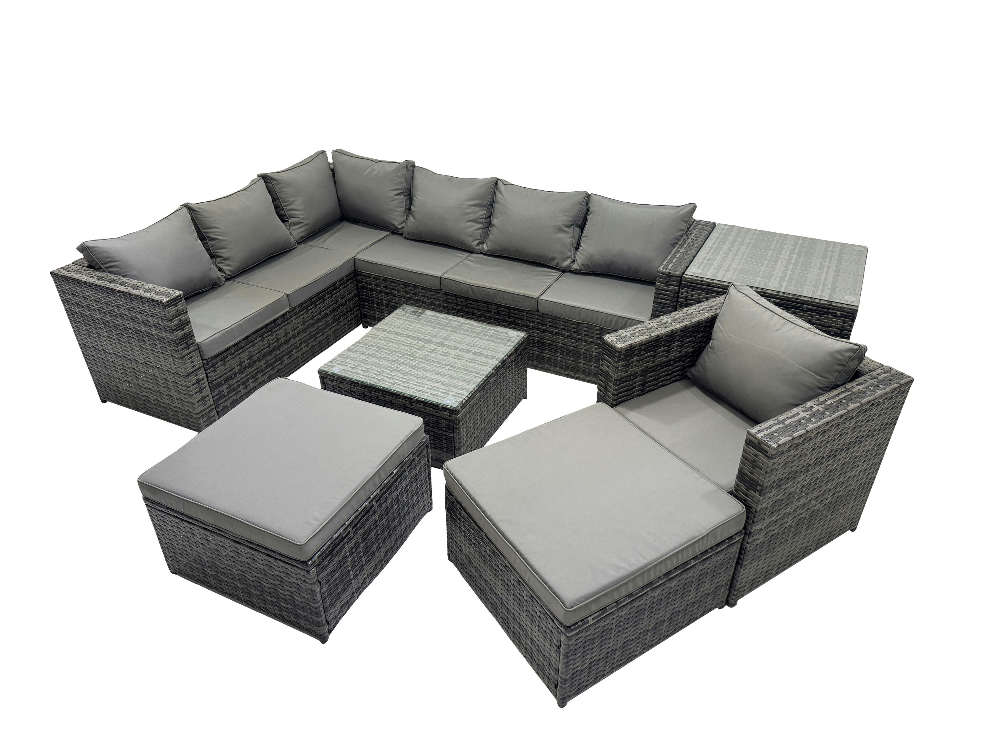 Rackhams Dark/Grey Rattan Garden Furniture Patio Furniture Sets With Corner Sofa Chair Square Coffee Table 2 Big Footstools Side Table Mixed