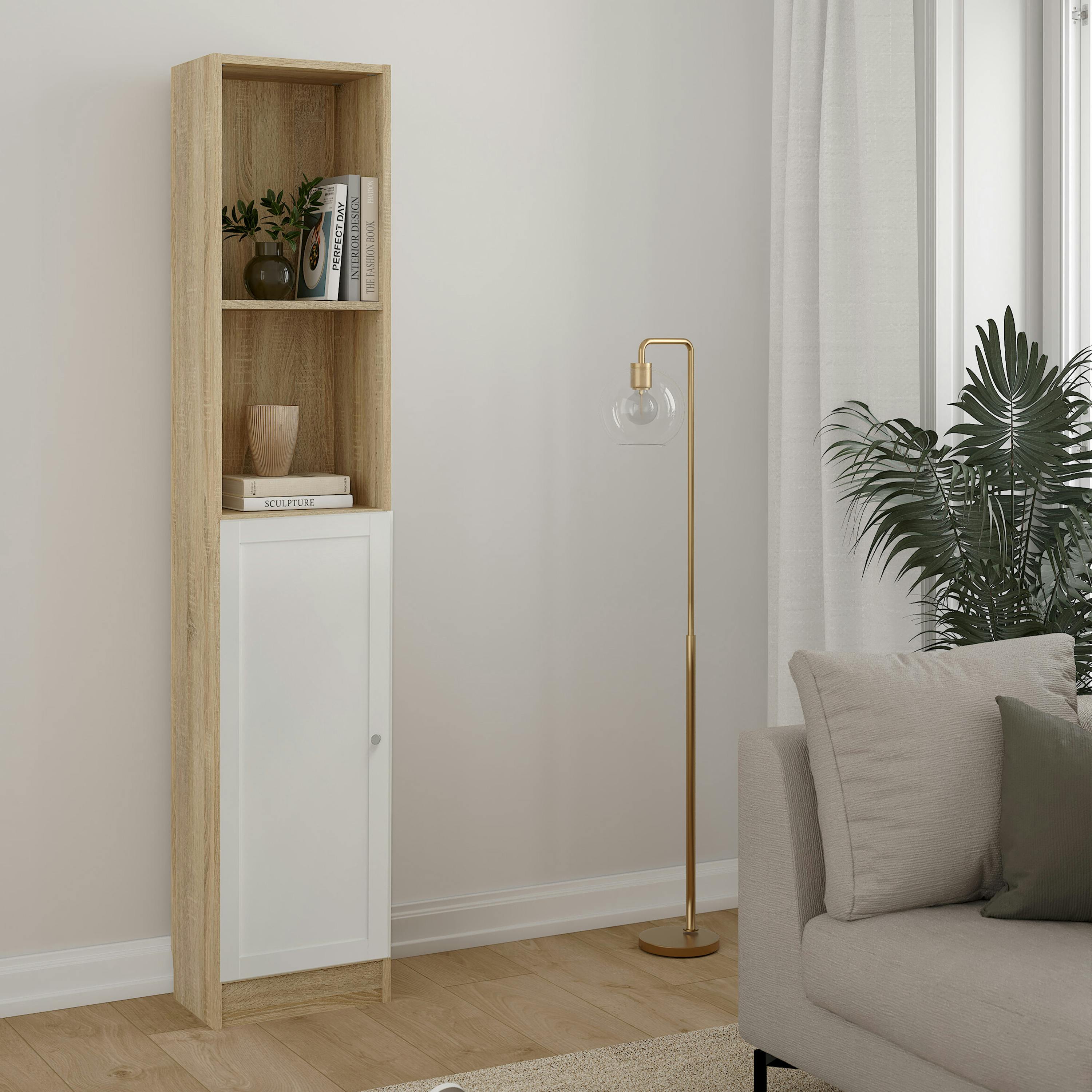 Rackhams White Basic Tall Narrow Combination Storage Bookcase In Oak (4 Shelves) With Door - Manufactured Wood - 1 - Oak &