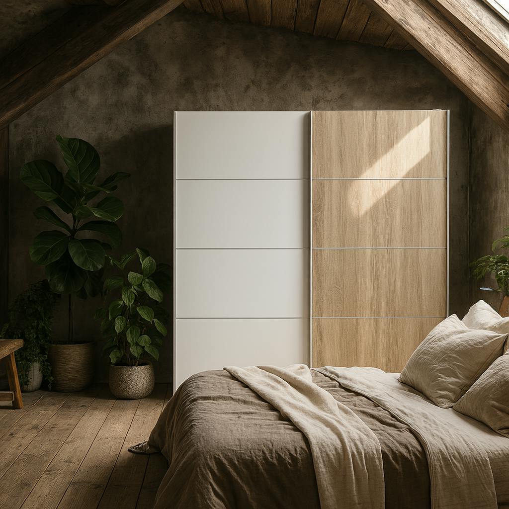 Wyld Haus Bordeaux/White Wide And Natural Oak Double Sliding Door Wardrobe 5 Shelves 180Cm