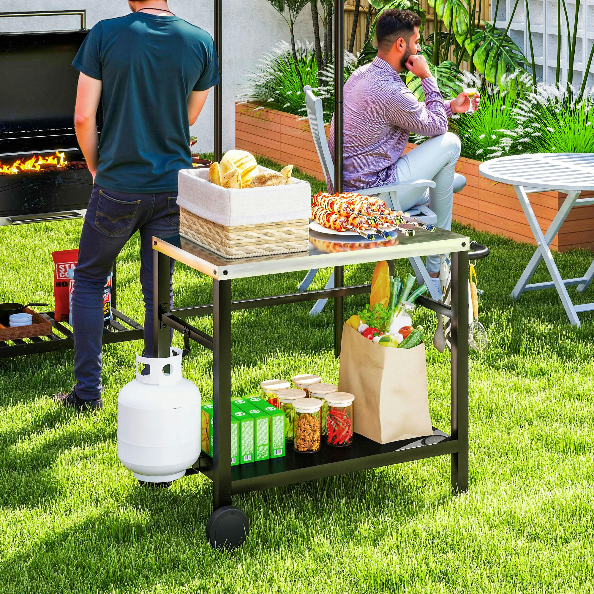 Outsunny Grey Outdoor Bbq Table With 2-Tier Shelf, Outdoor Kitchen, Charcoal
