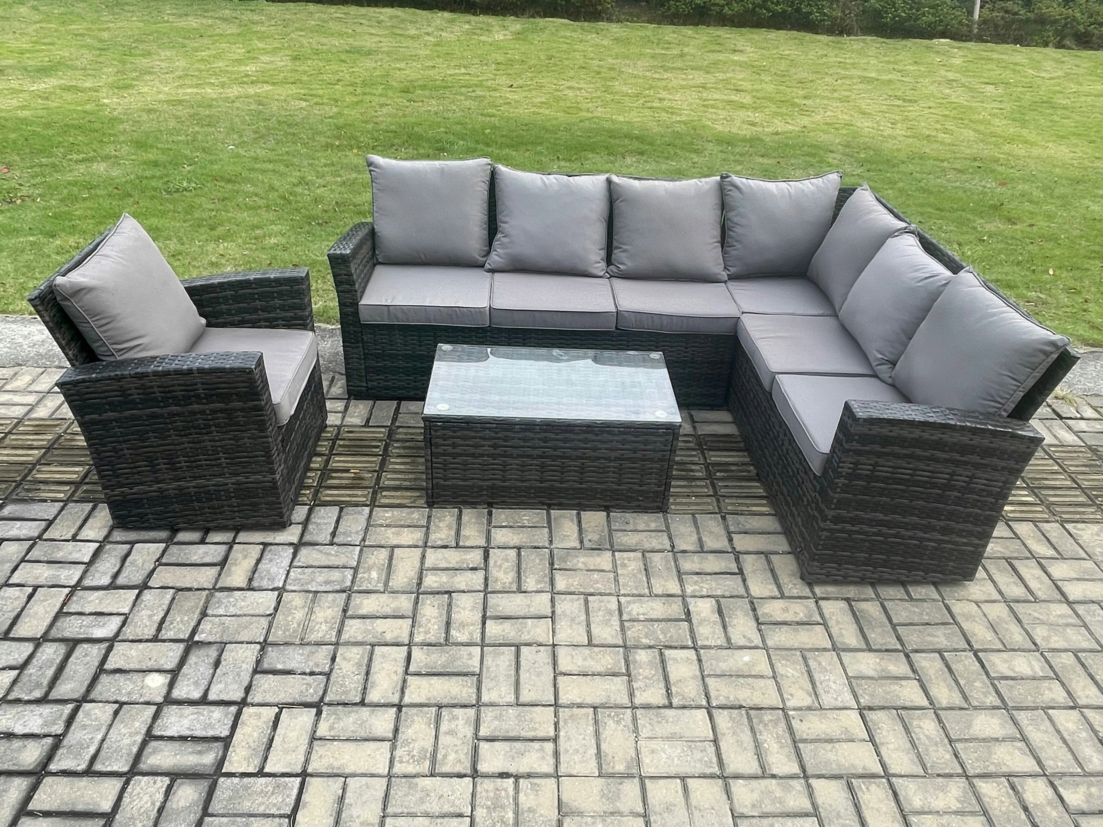 Rackhams Dark/Grey Rattan Garden Furniture Corner Sofa Set 4 Pieces Outdoor Patio Sofa Chair Table Set With Rectangular Coffee Table Mixed
