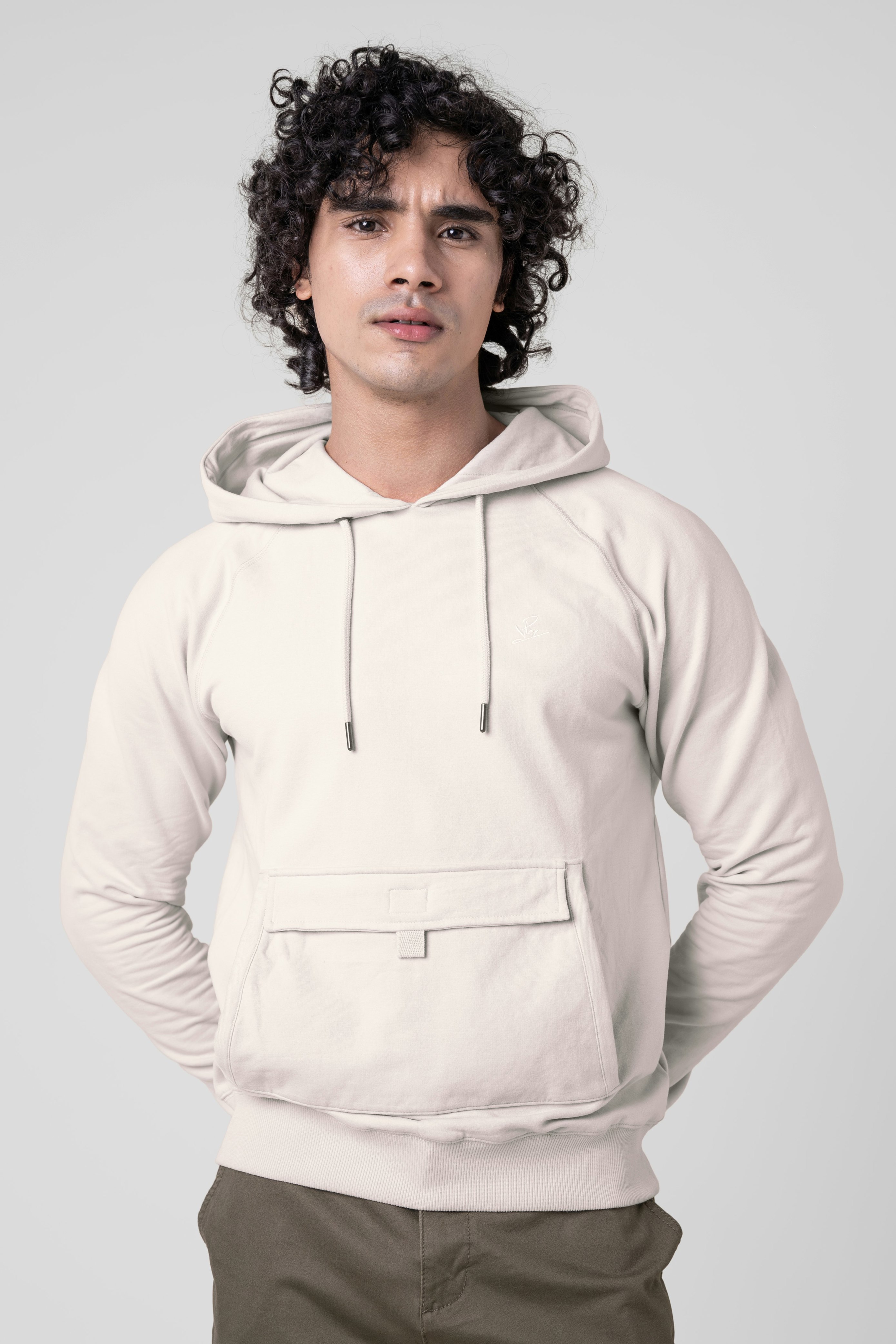 Enorsia Men's Cream Flap Detail Kangaroo Pocket Hoodie - S - 92% Cotton, 8% Elastane