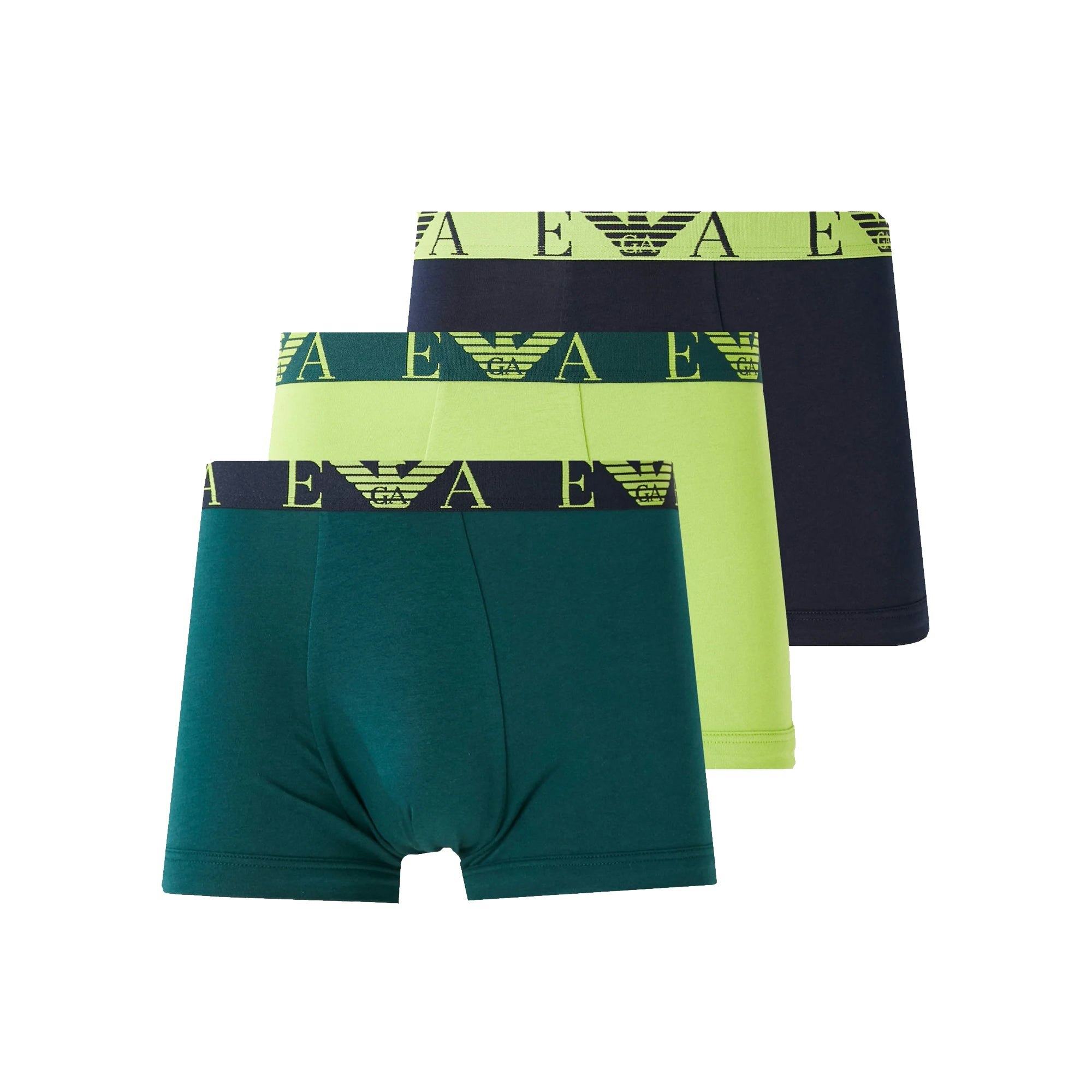Emporio Armani Blue Stretch Cotton Logo 3 Pack Trunks /Pine/Lime - Medium