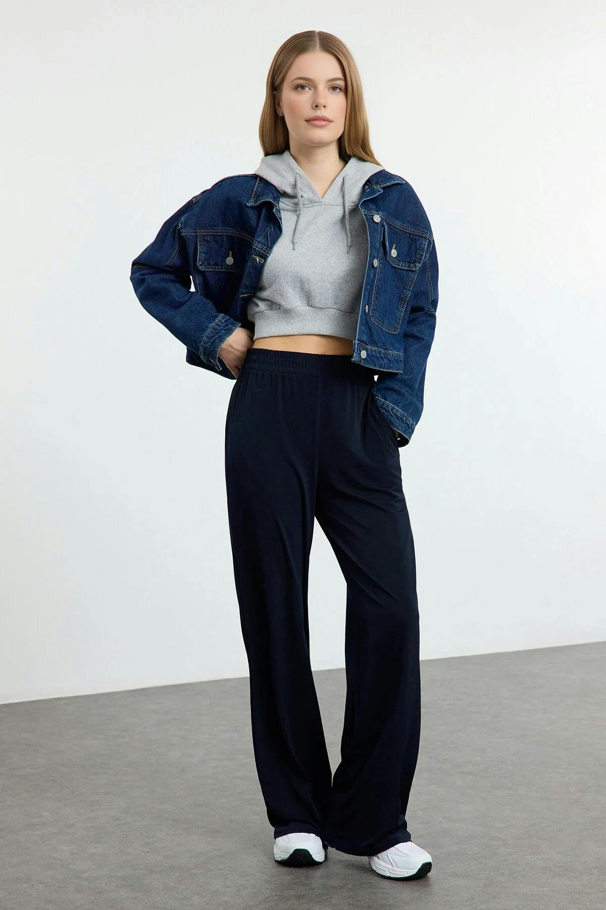 Wovcor Relaxed Cut High Waist Flexible Trousers - Navy - Xl