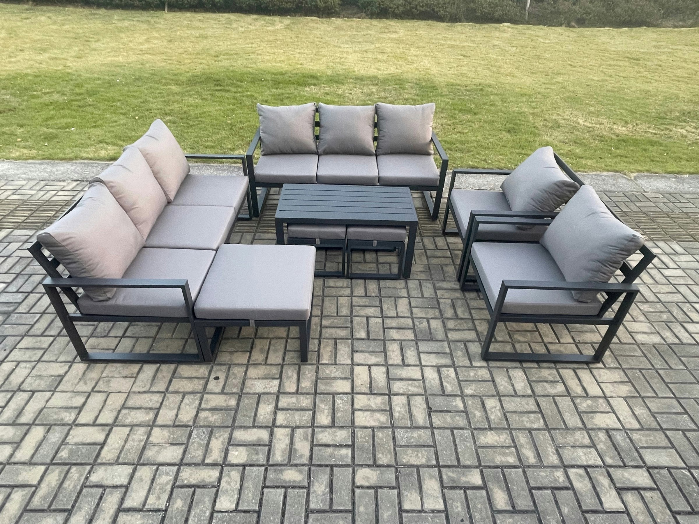 Fimous Dark/Grey Aluminium Outdoor Garden Furniture Lounge Sofa 2 Pc Chairs Oblong Coffee Table Sets With 3 Footstools