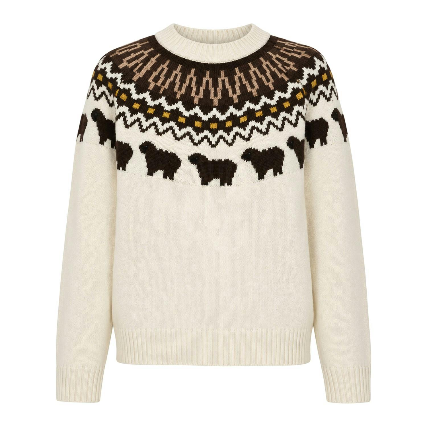 Hunter Women's White Fair Isle Crew Neck Long-Sleeved Sweater Top - Antique - 12 Uk - Antique - 100% Lambswool
