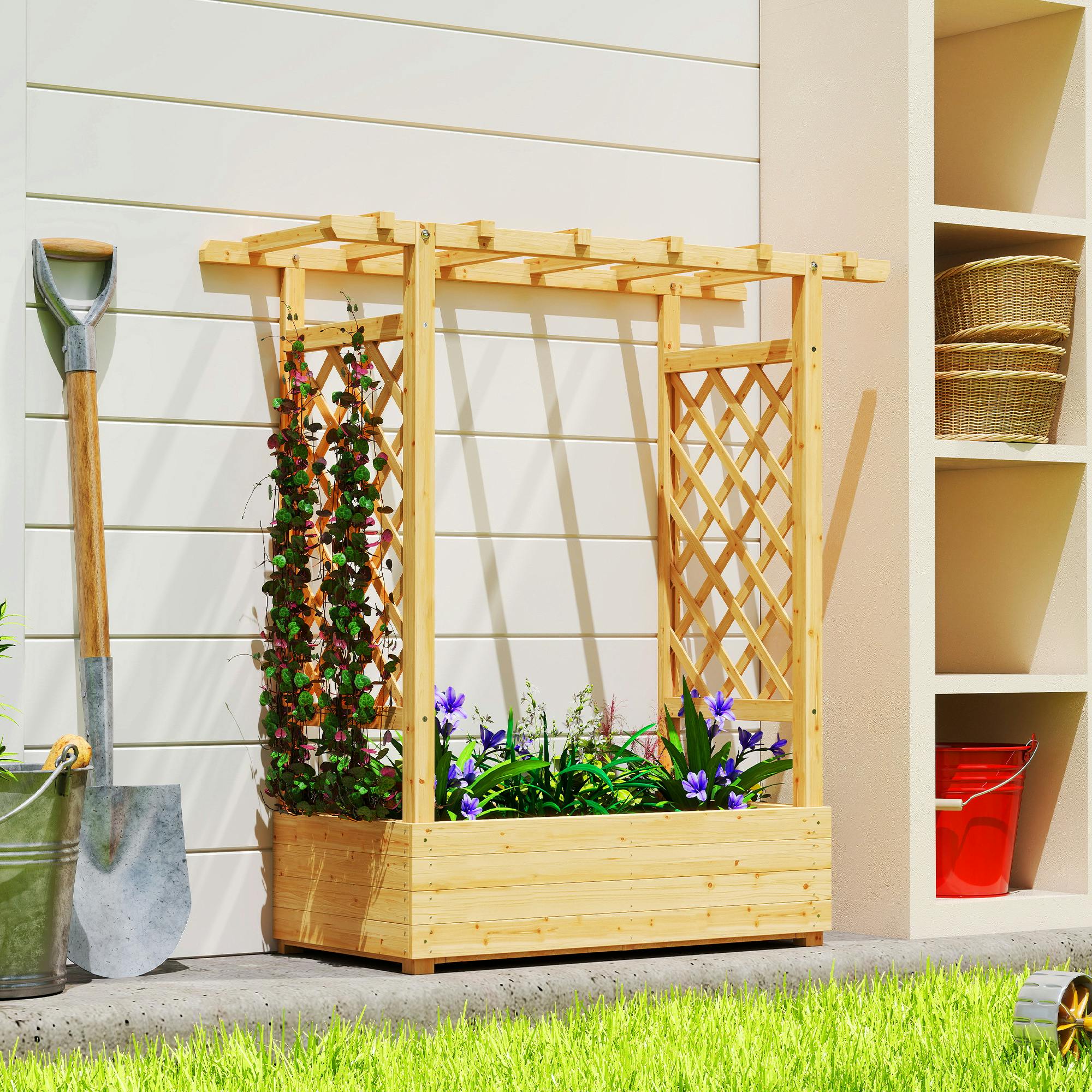 Rackhams Raised Bed For Garden With Trellis, 110 X 44 X 113 Cm, Natural