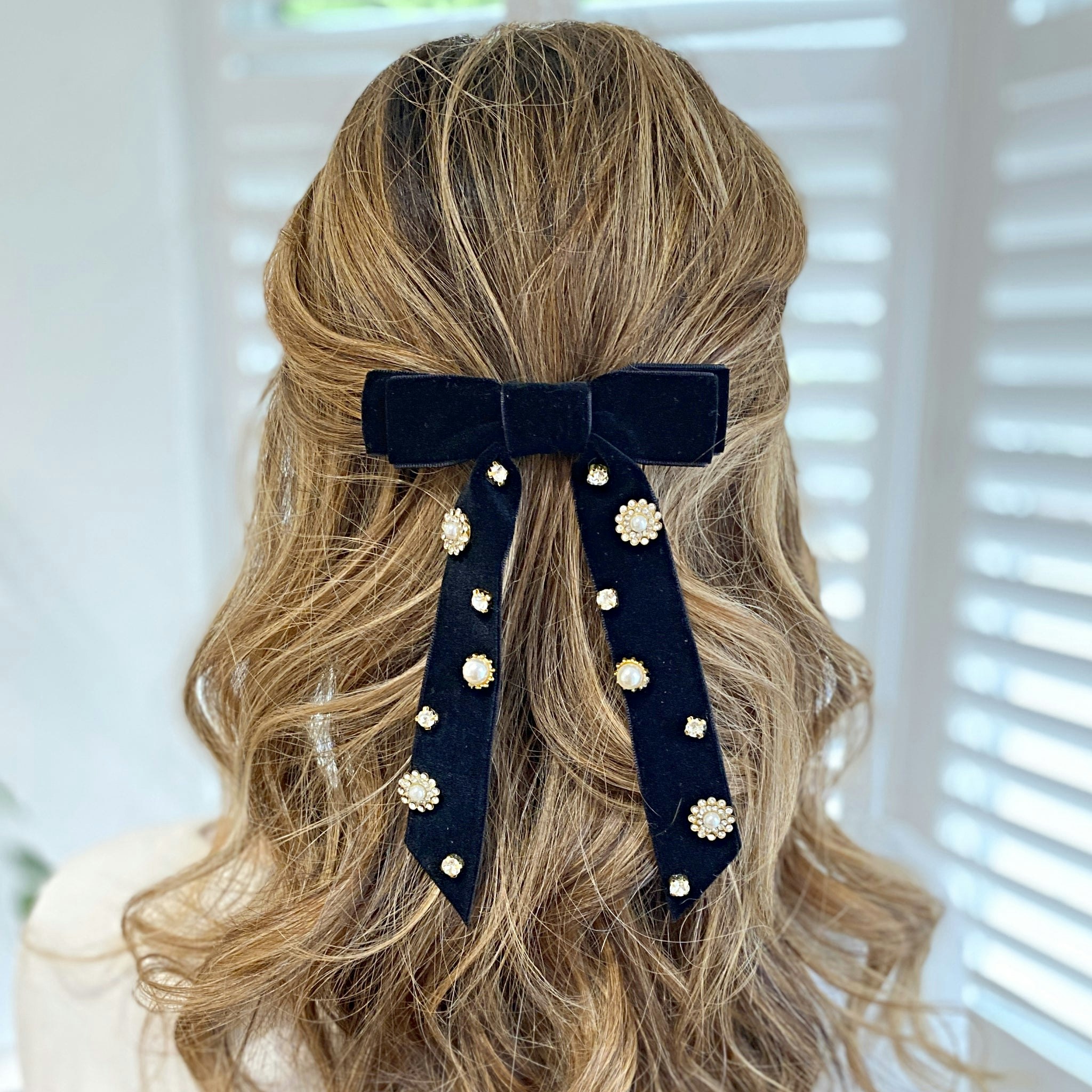 Queenmee Accessories Black Velvet Bow Hair Clip With Jewels