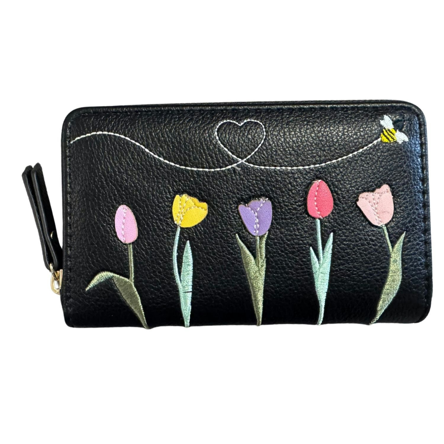 Fores Collection Black Embroidered Bee & Tulips Zip Around Card & Coin Purse