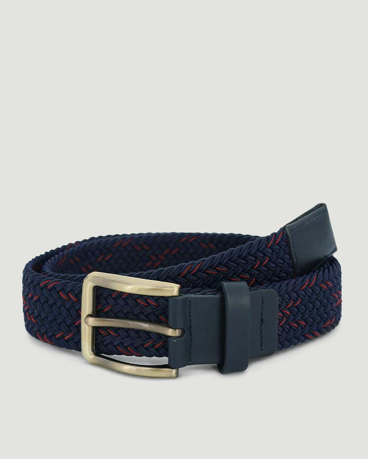 Larsson & Co Red Navy & Stitch Detail Woven Casual Stretch Belt - S (30-32) - Navy