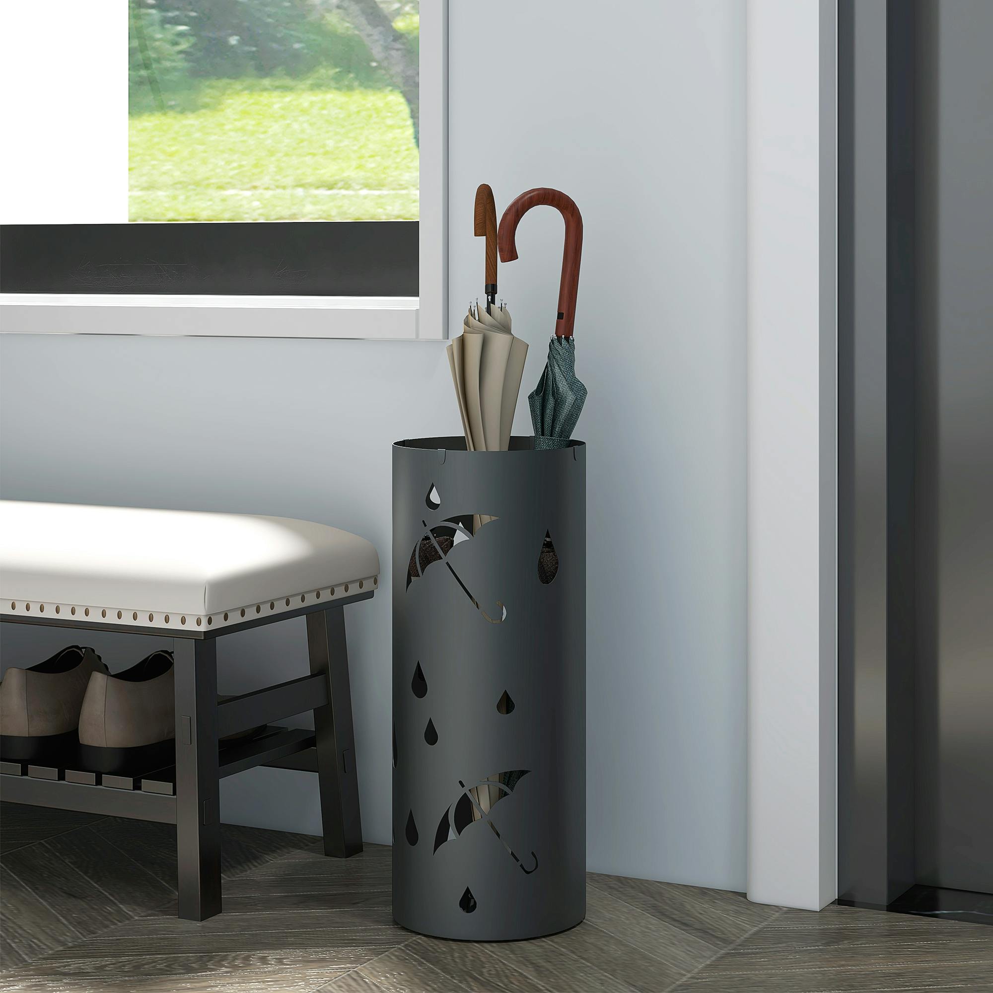 Homcom Metal Umbrella Stand, Hollowed Umbrella Basket With 4 Hooks And Drip Tray