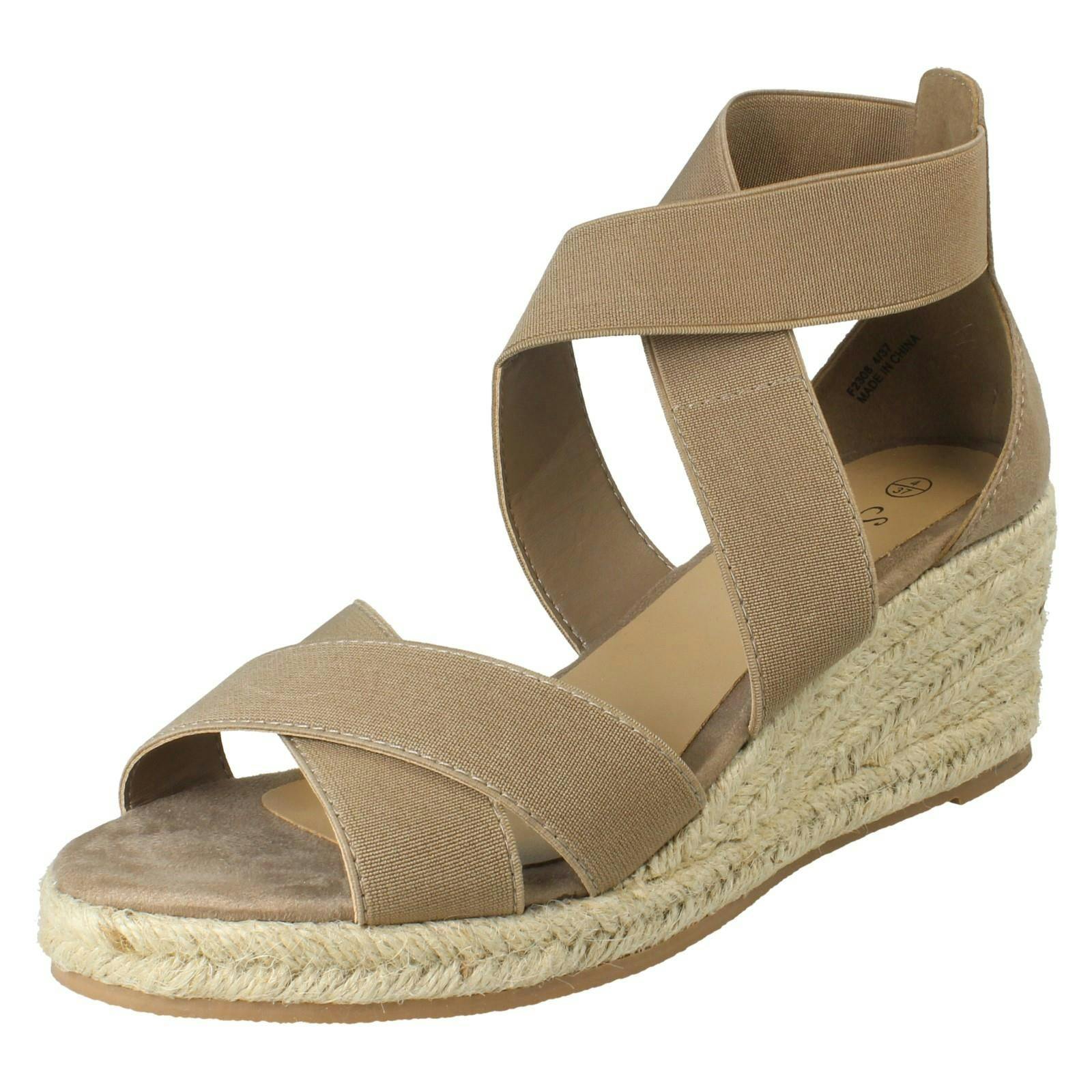 Savannah Women's Elasticated Strap Wide Fit Wedge Heel Sandals F2308 - Taupe - Uk 4