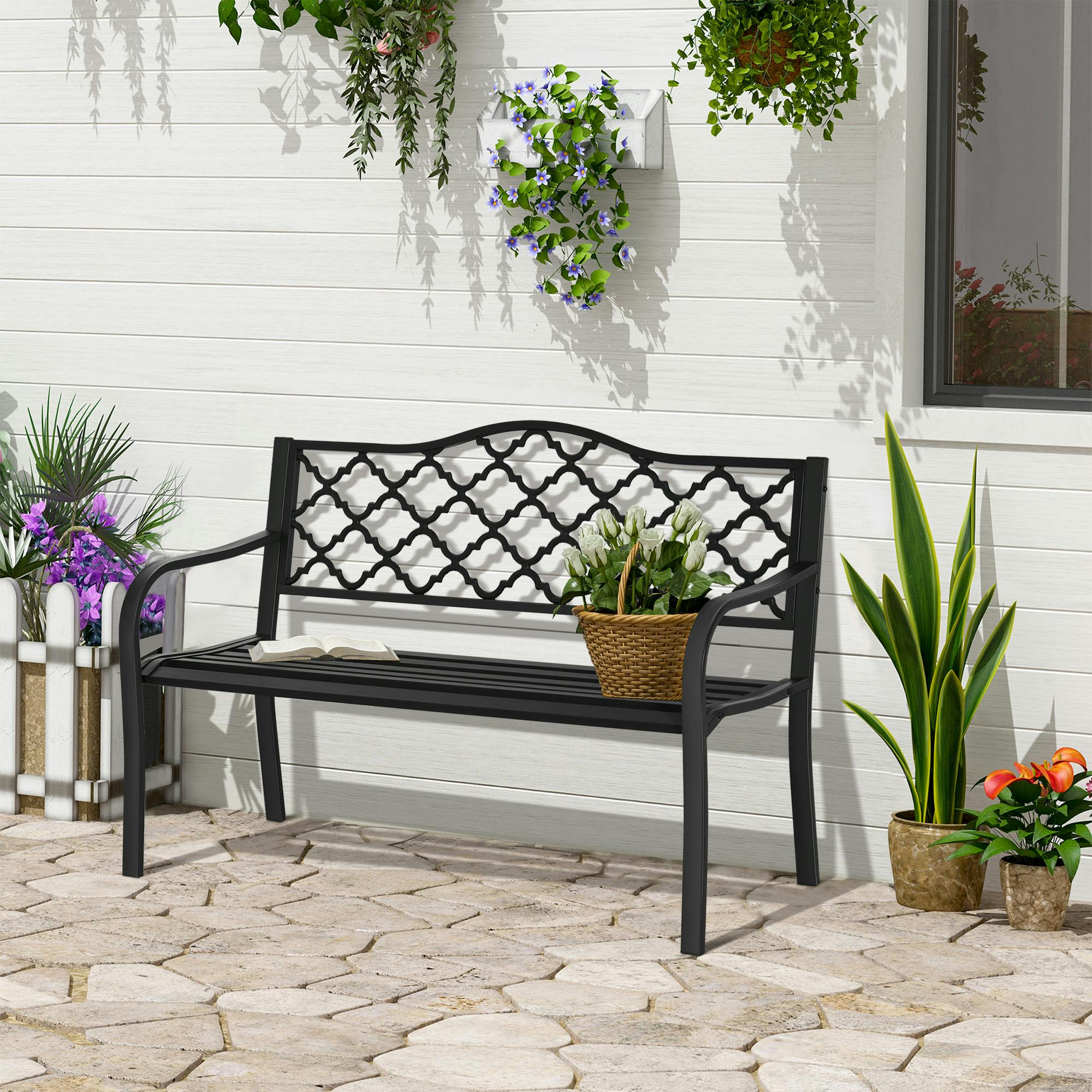 Outsunny Unisex Black Cast Aluminium Garden Bench 2 Seater Antique Park Loveseat, Verdigris In - Image 2