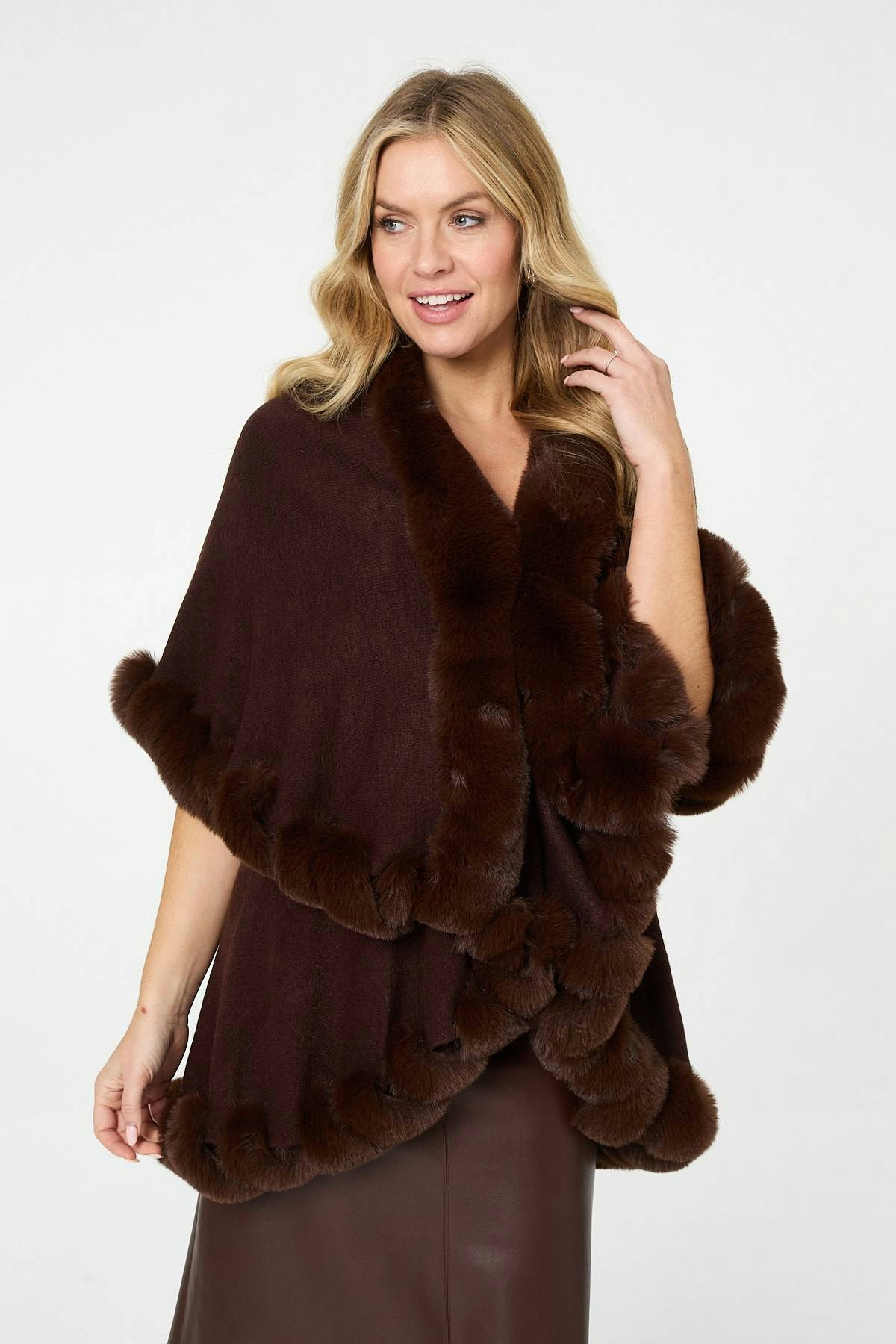 Izabel London Brown Faux Fur Trim Layered Poncho - One