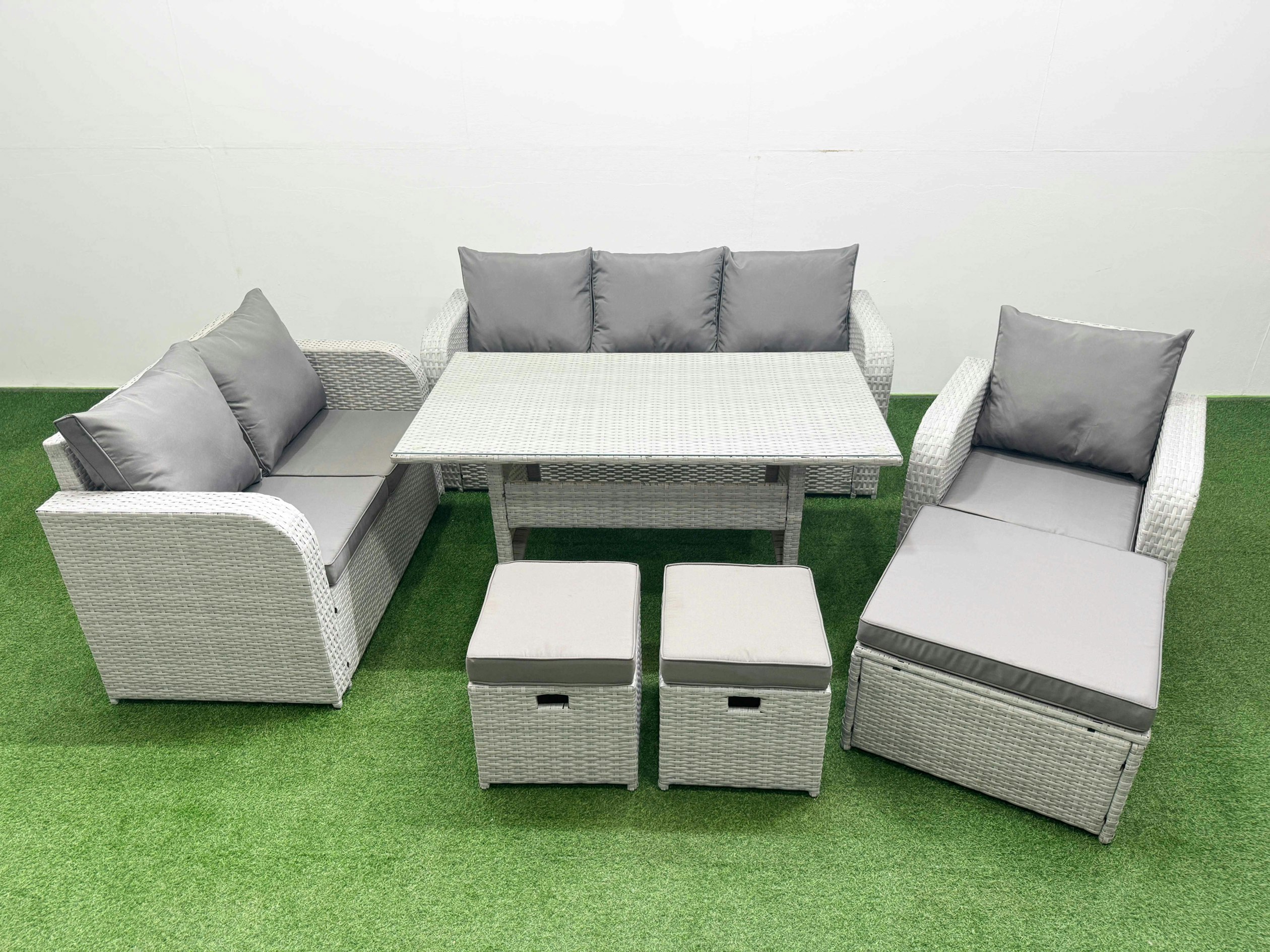 Fimous Light/Grey 9 Seater Pe Wicker Rattan Outdoor Sofa Set - Rectangular Dining Table, Reclining Chair, Loveseat & 3-Seater Sofa