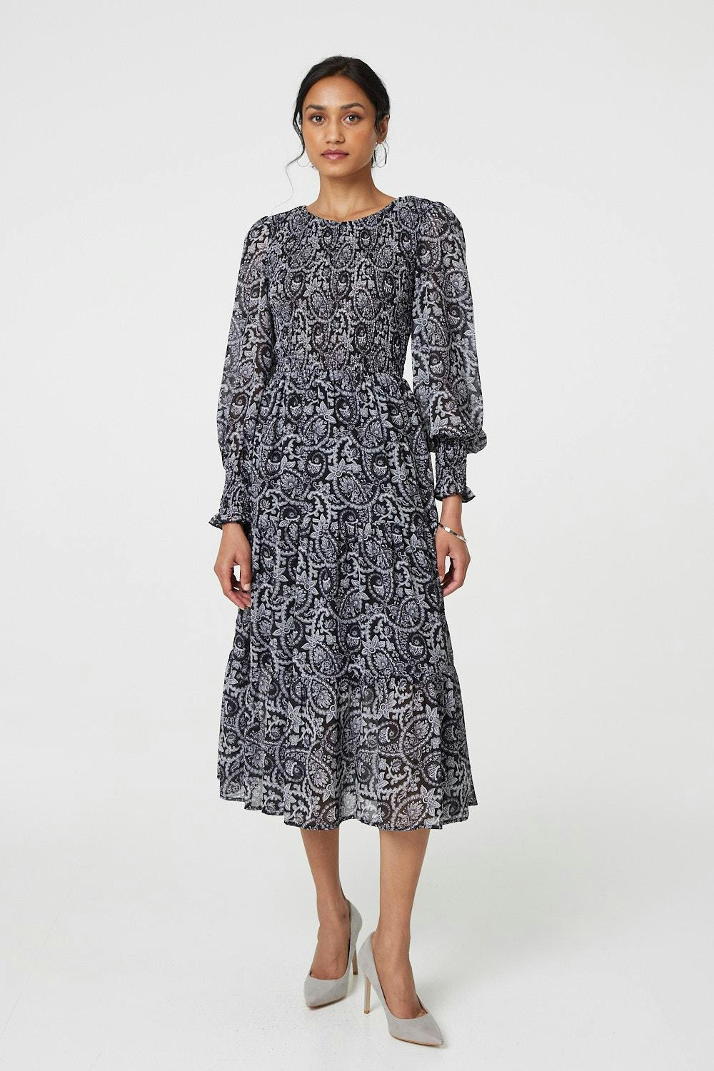 Izabel London Black Paisley Long Puff Sleeve Midi Smock Dress - 8