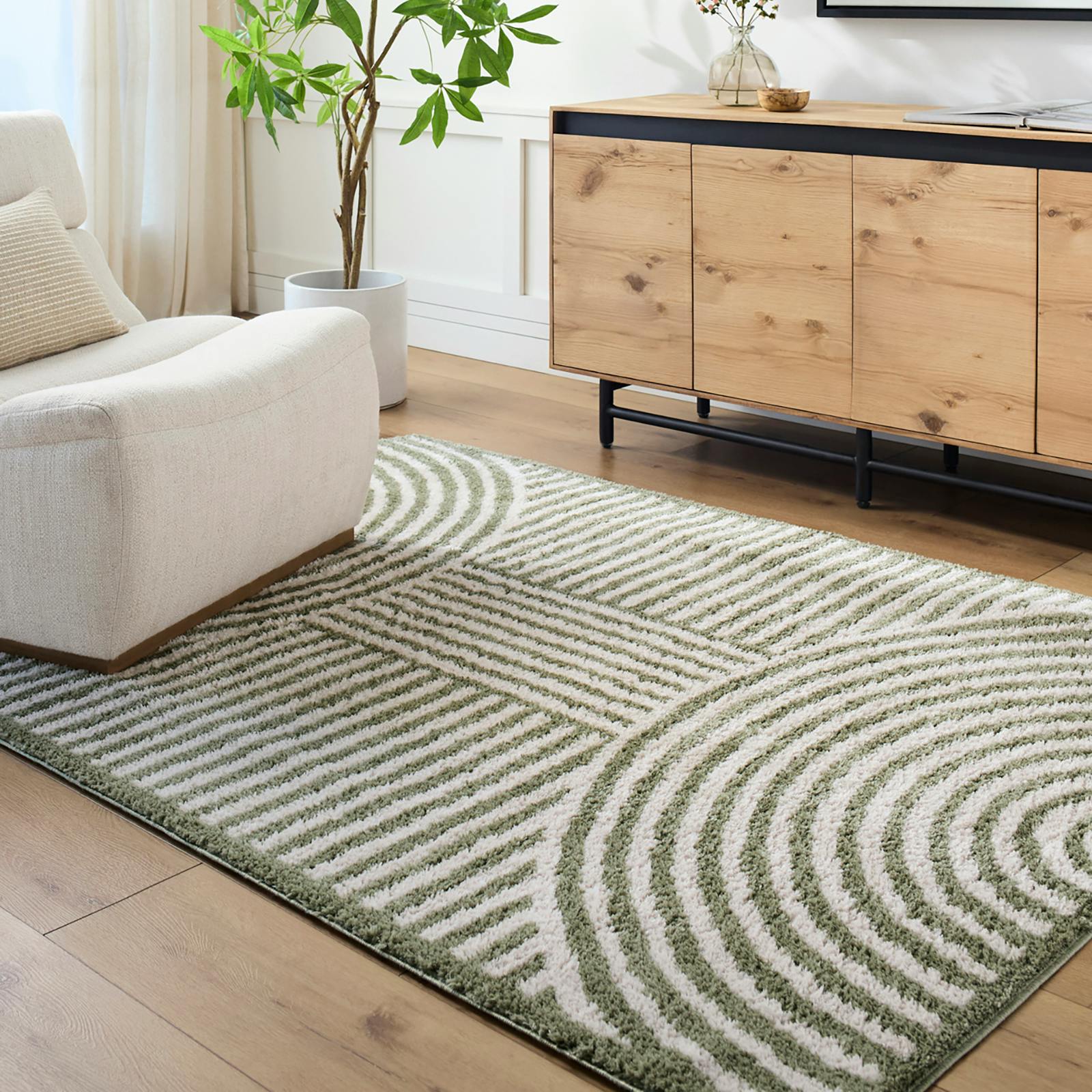 Rackhams Beige/Green Fossay Shag-Washable Modern High Pile Rug - 200 X 275 Cm