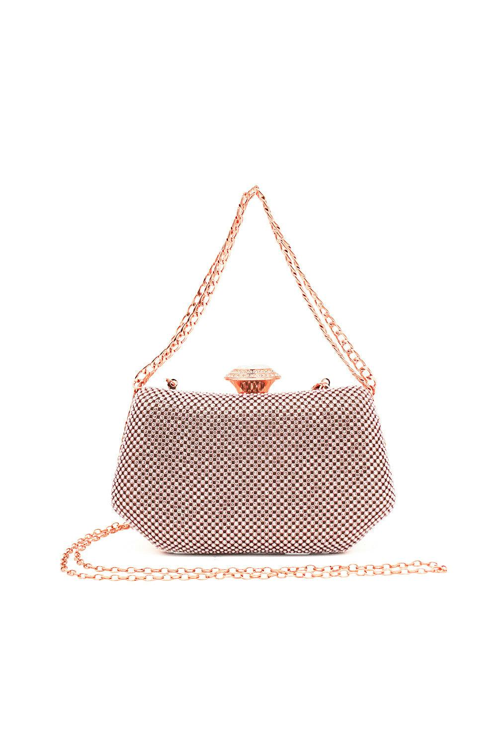 Pluspup Gold Sparkling Evening Clutch Bag With Chain Strap And Jewel Clasp - Rose