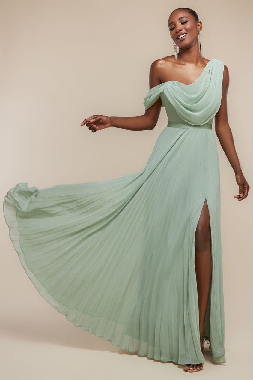 Goddiva Green Cowl Neck One Shoulder A Line Chiffon Maxi Dress - Sage By - Sage - 16
