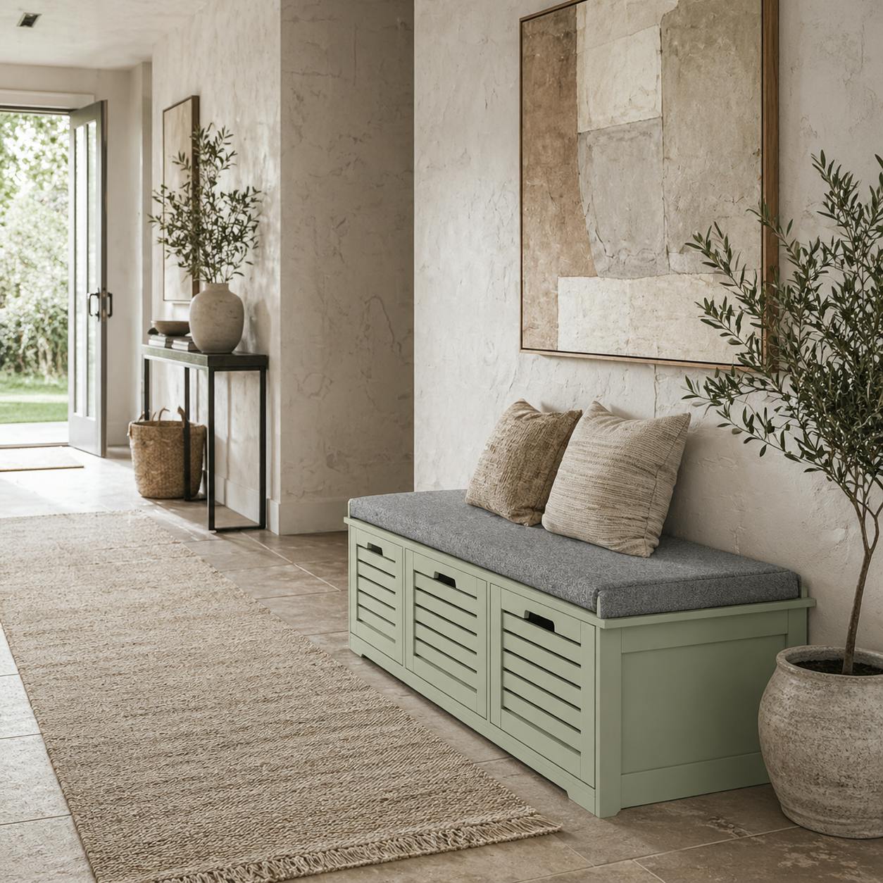 Rackhams Green/Grey Dilena Wooden 3 Drawer Shoe Storage Bench With Padded Seat