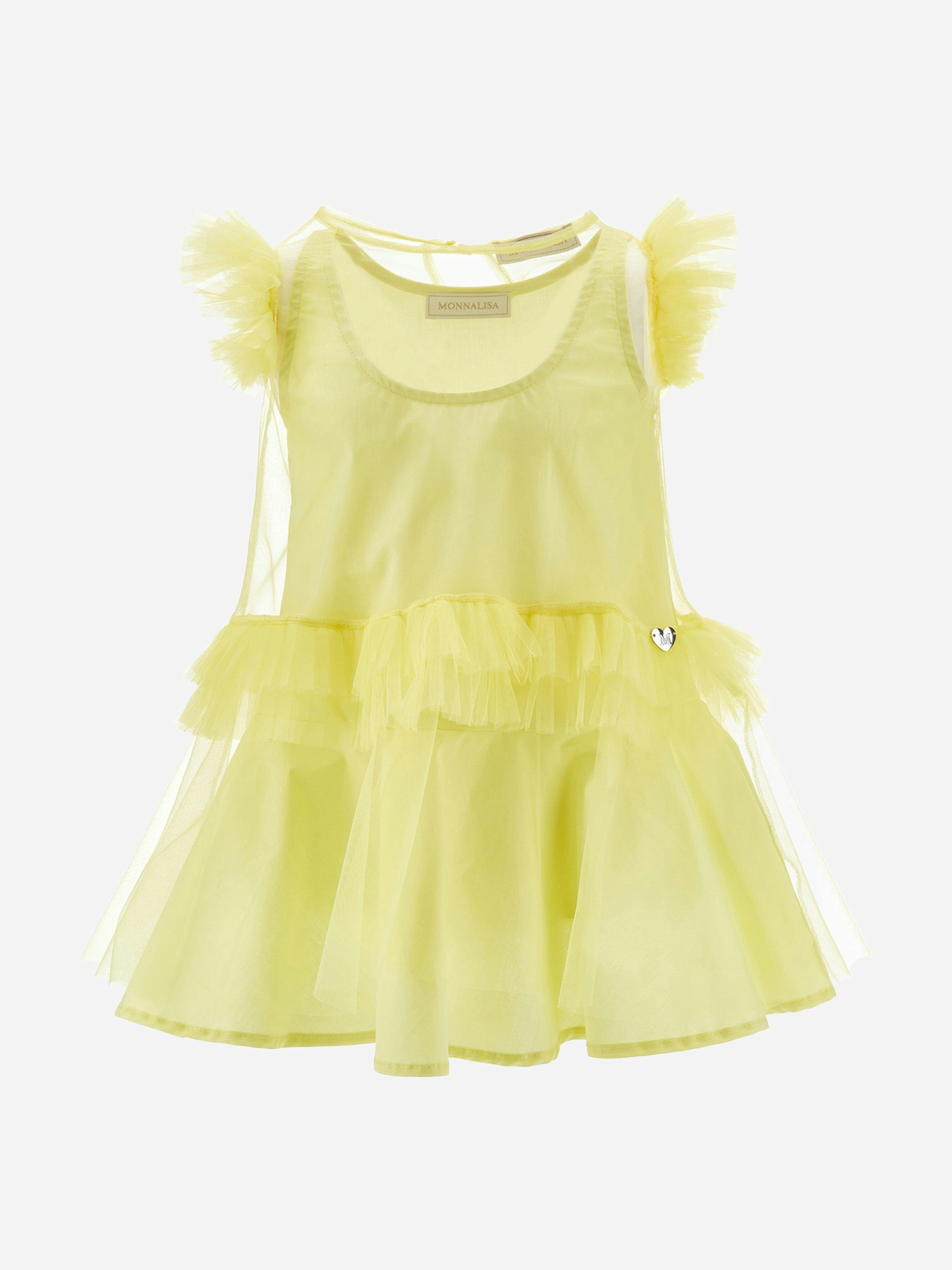 Monnalisa Girls Yellow Tulle Dress In - 6 Yrs