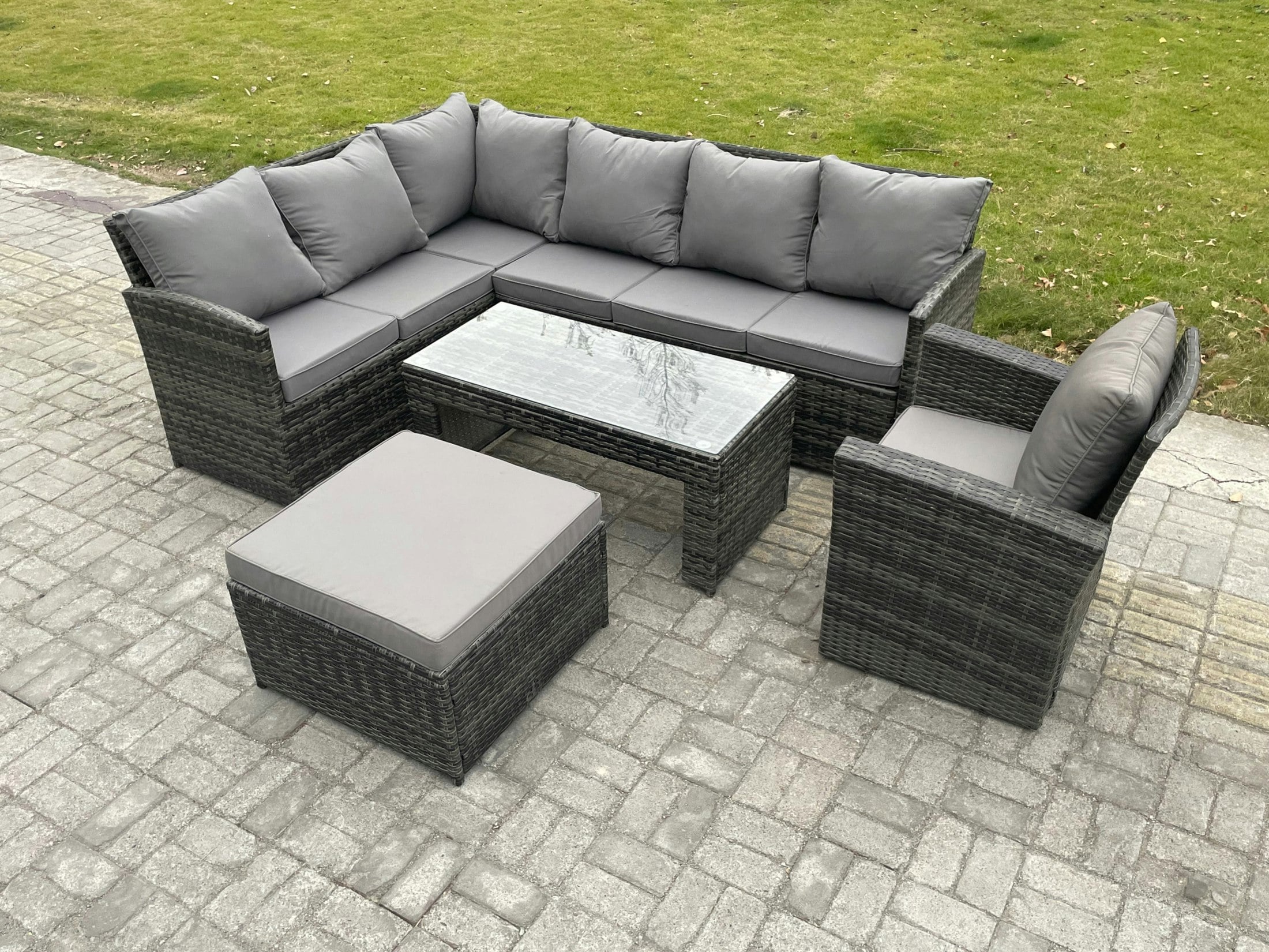 Rackhams Dark/Grey Rattan Garden Furniture Sets High Back Corner Sofa Oblong Coffee Table Set With Big Footstool Armchair Mixed