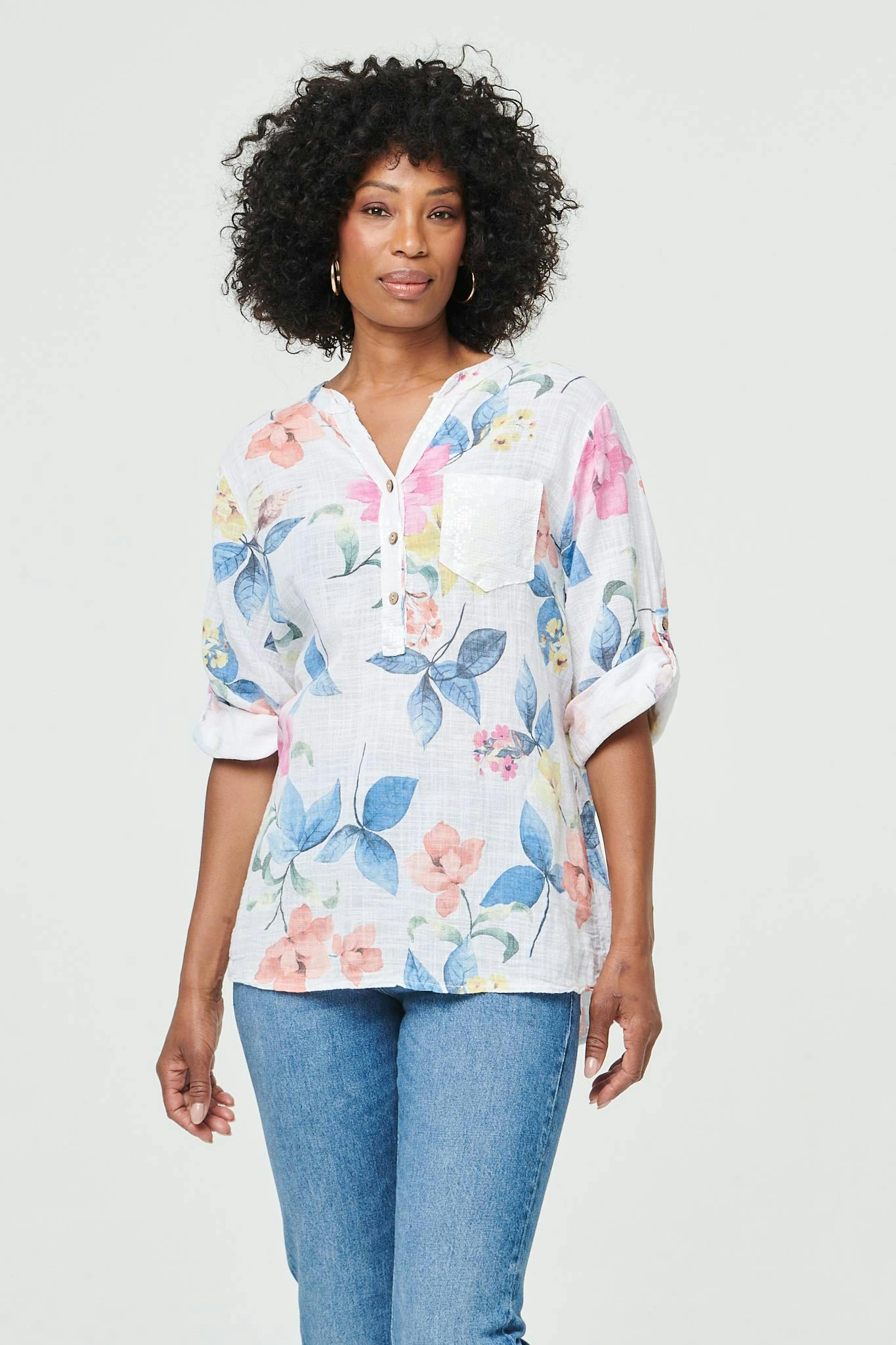 Izabel London White Floral Curve Hem Turn-Up Sleeve Blouse - 14