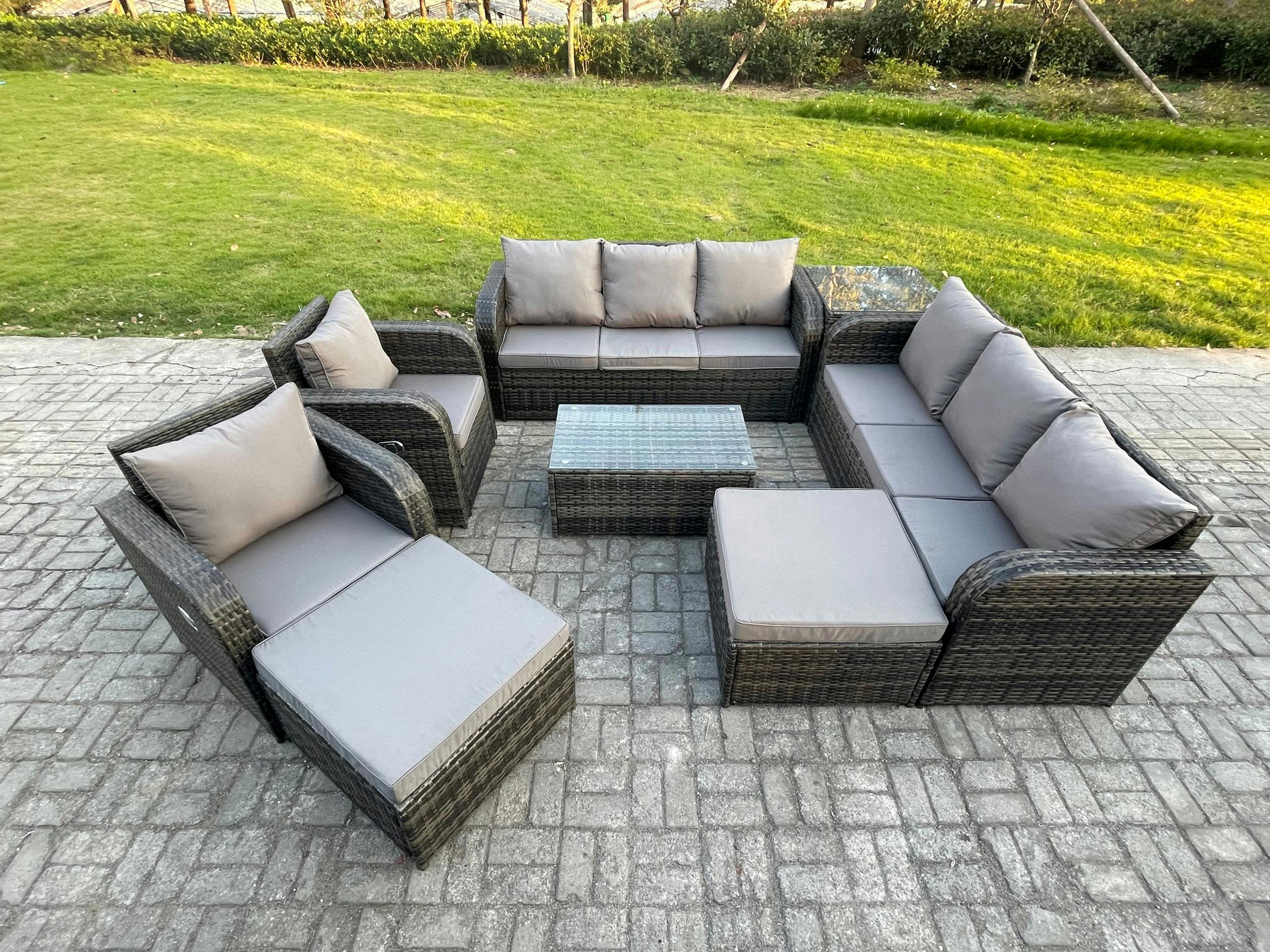 Fimous Dark/Grey 10 Seater Rattan Garden Furniture Set With Oblong Coffee Table, 2 Sofas, 2 Reclining Chairs, 2 Footstools & 1 Side Table