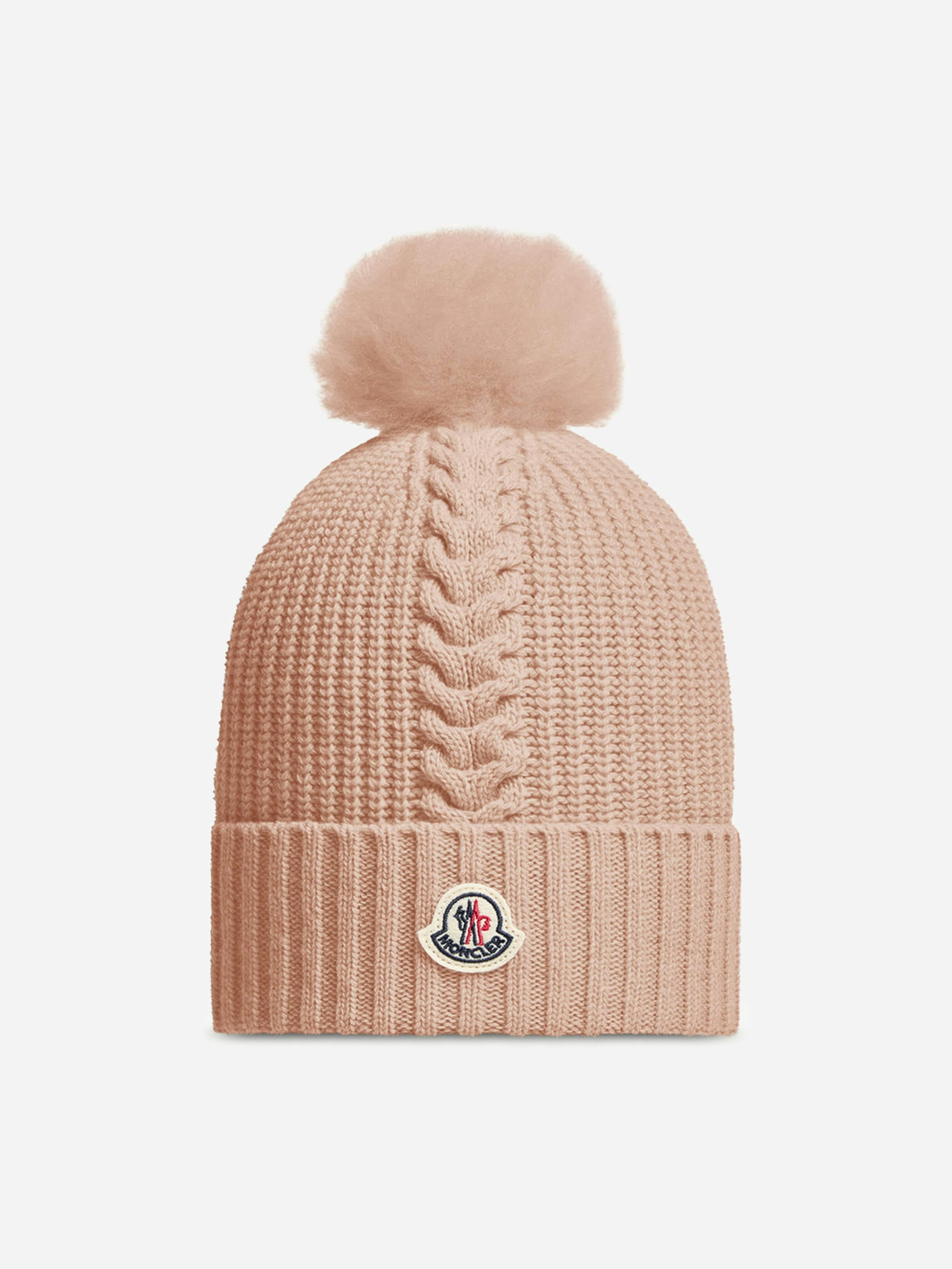 Moncler Enfant Girls Beige/Pink Knitted Pom Pom Hat In - M (8 - 10 Yrs)