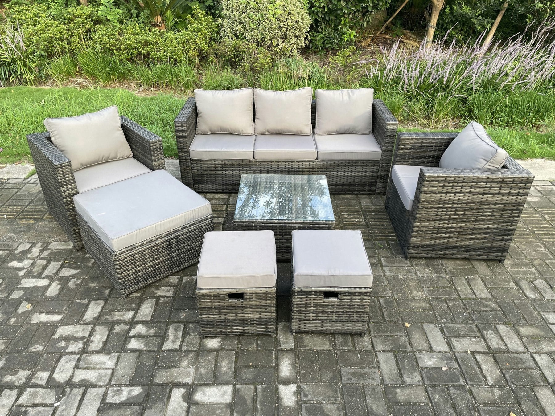 Fimous Dark/Grey Wicker Rattan Garden Furniture Sofa Set With Armchair Square Coffee Table 3 Footstools Mixed