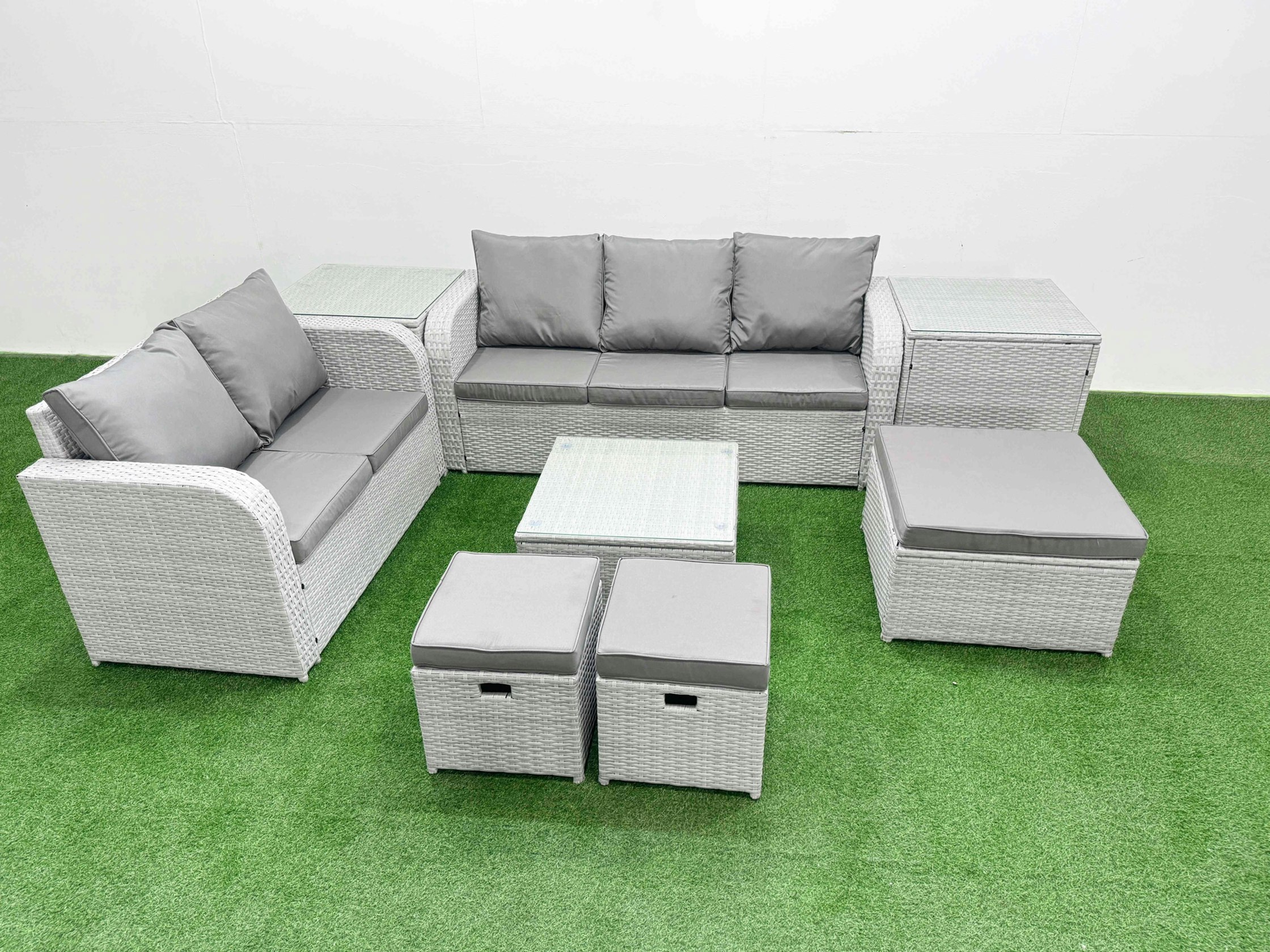 Rackhams Light/Grey/Dark 8 Seater Pe Rattan Wicker Garden Furniture Patio Conservatory Sofa Set With Square Coffee Table 3 Seater Sofa Love Sofa 3 Stool 2 Side Table