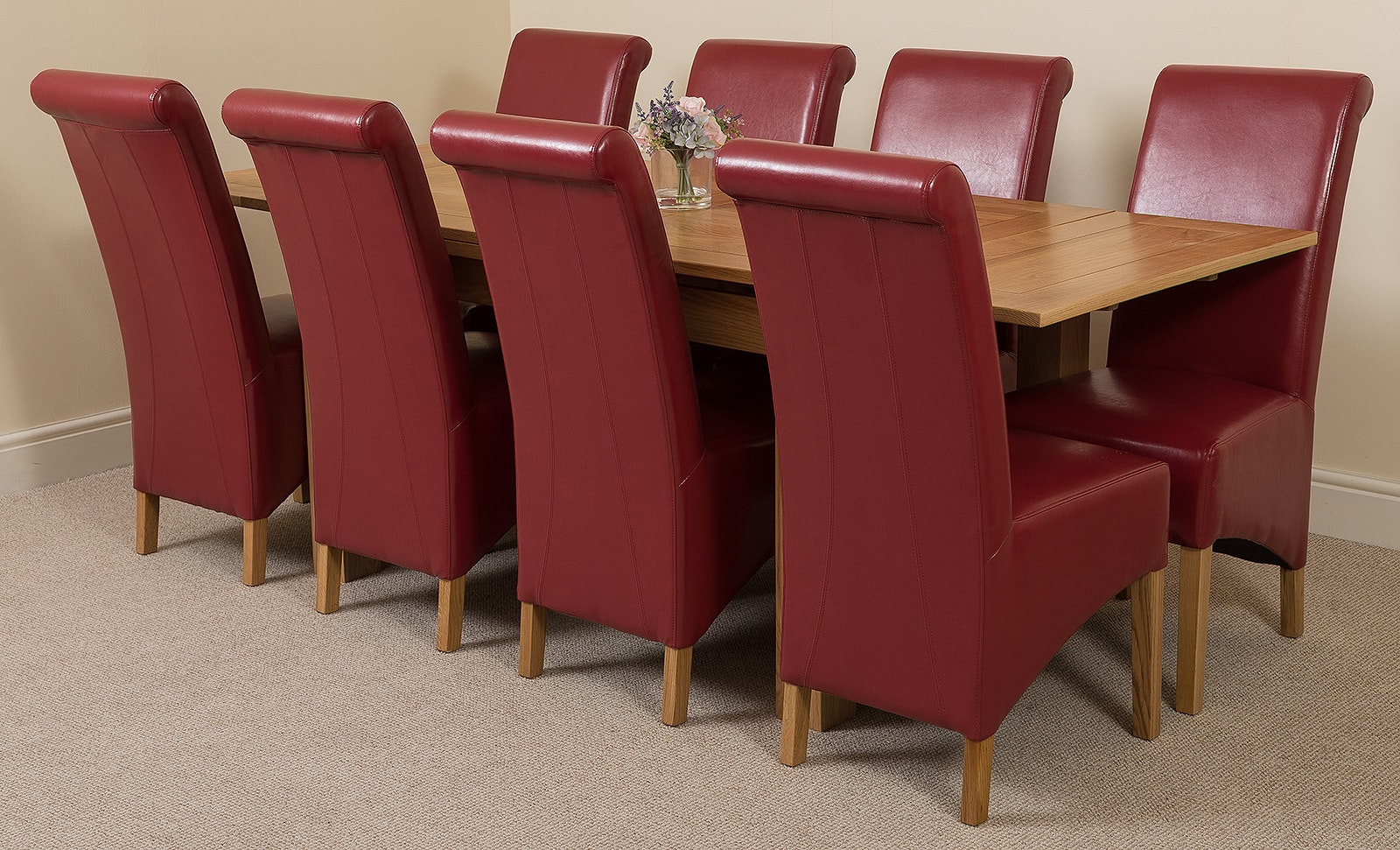 Rackhams Burgundy Richmond Oak Extendable Dining Table With Montana Leather Chairs - 8 Chairs Medium