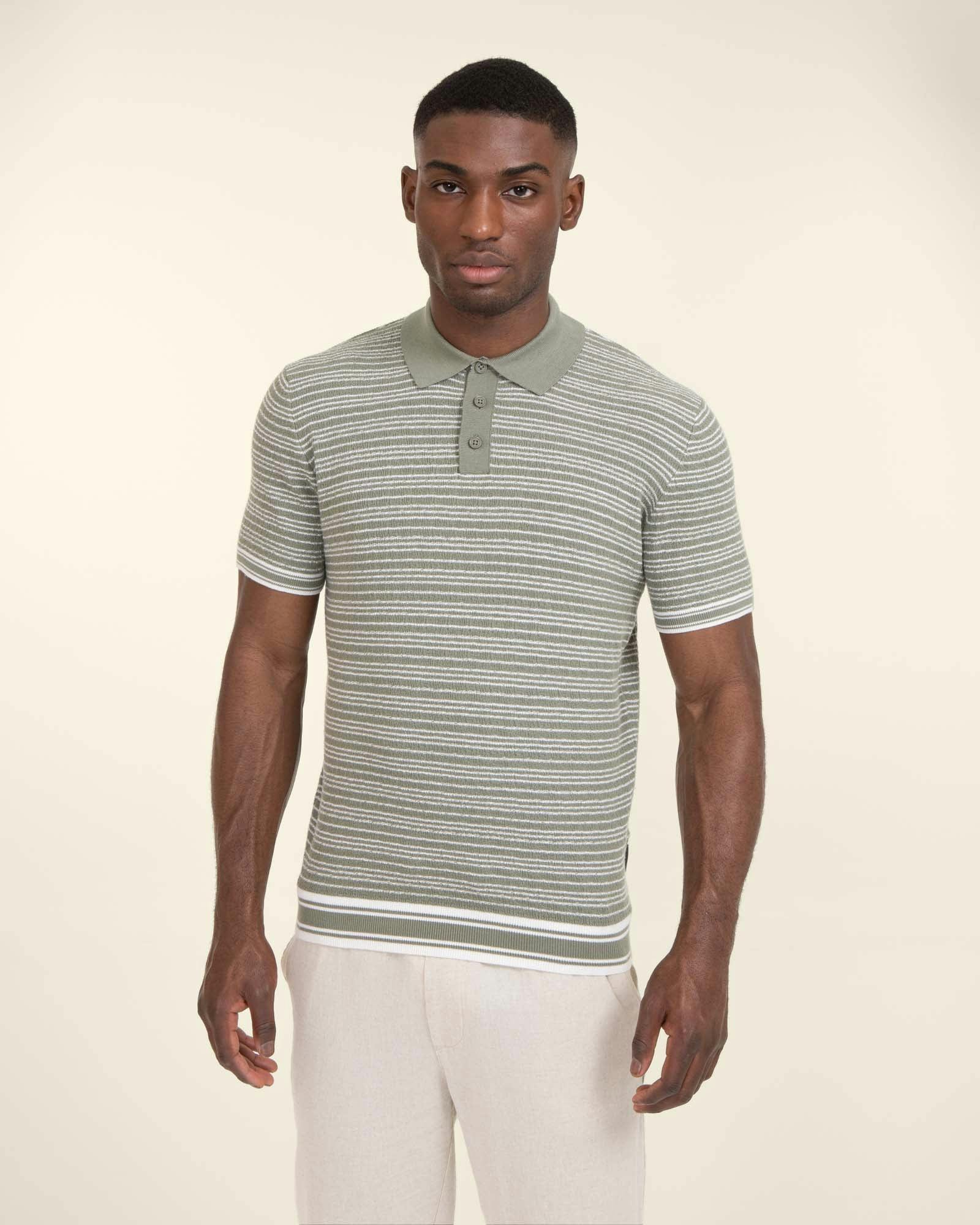 Larsson & Co Knitted Polo Shirt With Horizontal Stripe - S - Sage