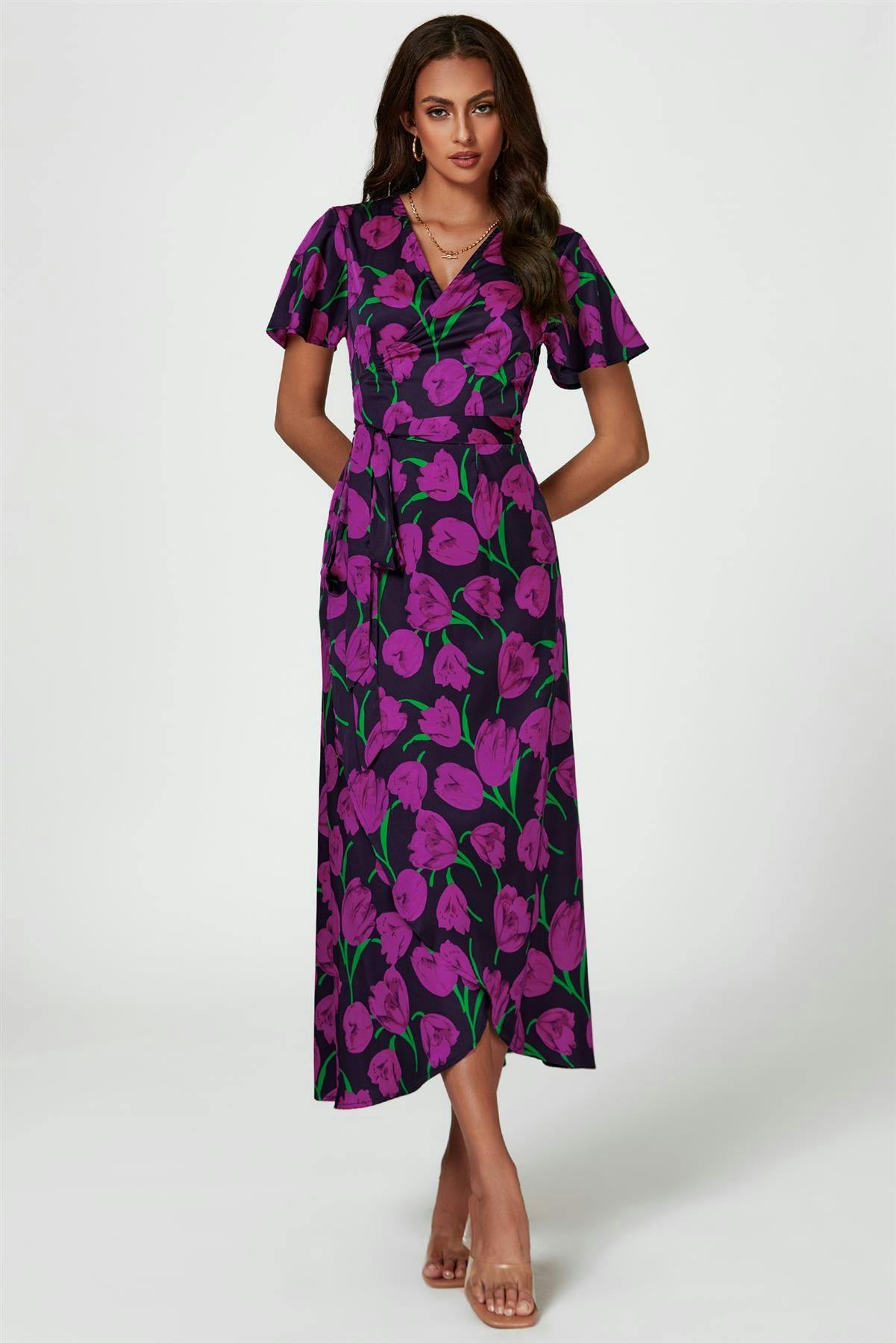 Fs Collection Magenta Floral Print Satin Wrap Maxi Dress In - L