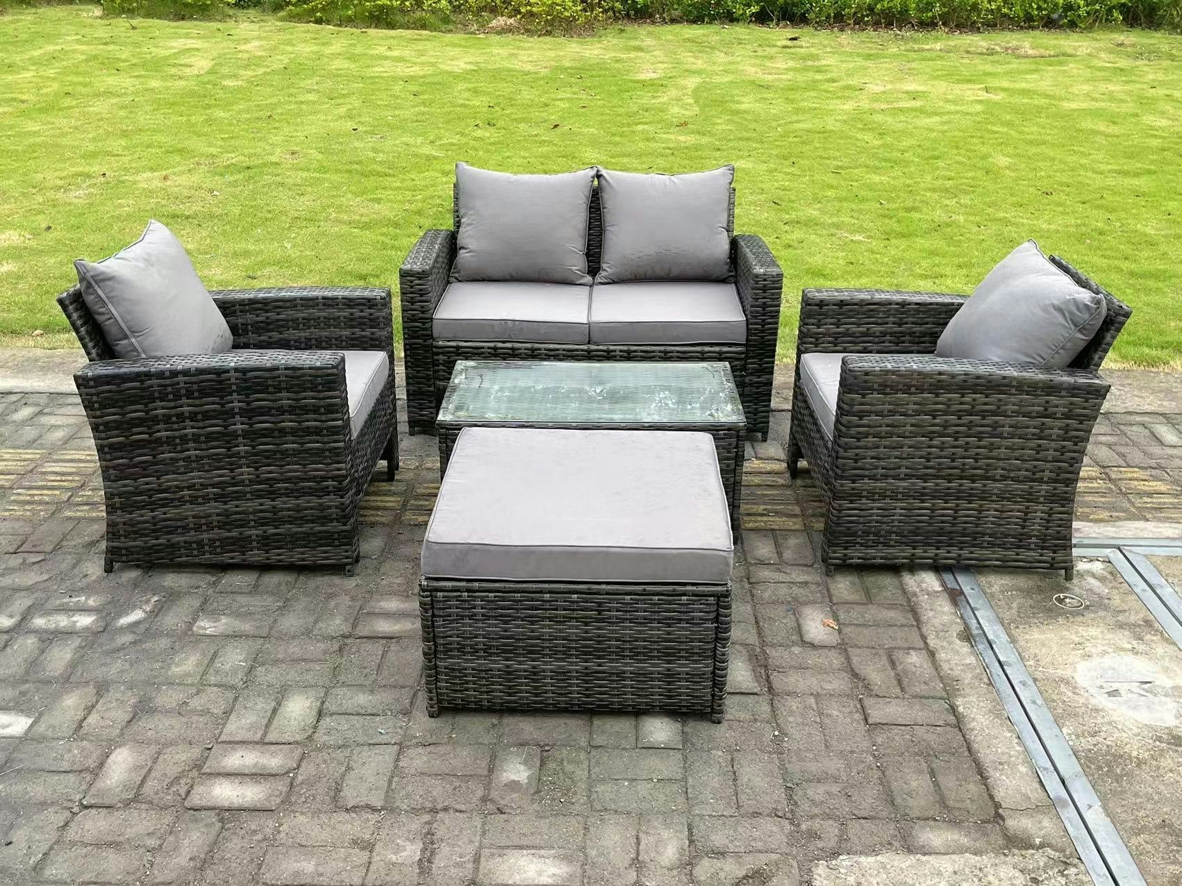 Rackhams Dark/Grey 5 Seater Mixed High Back Rattan Sofa Set Rectangular Coffee Table Garden Furniture Outdoor Patio