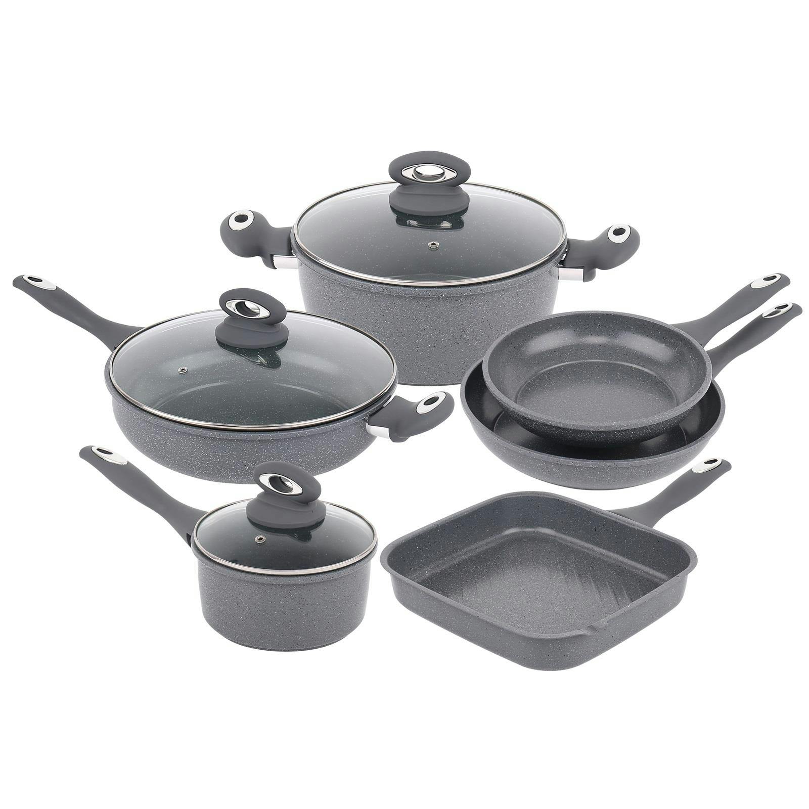 Rackhams Grey Forged 9 Pcs Marble Carbon Steel Cookware Set Non Stick Pan Saucepan Pots