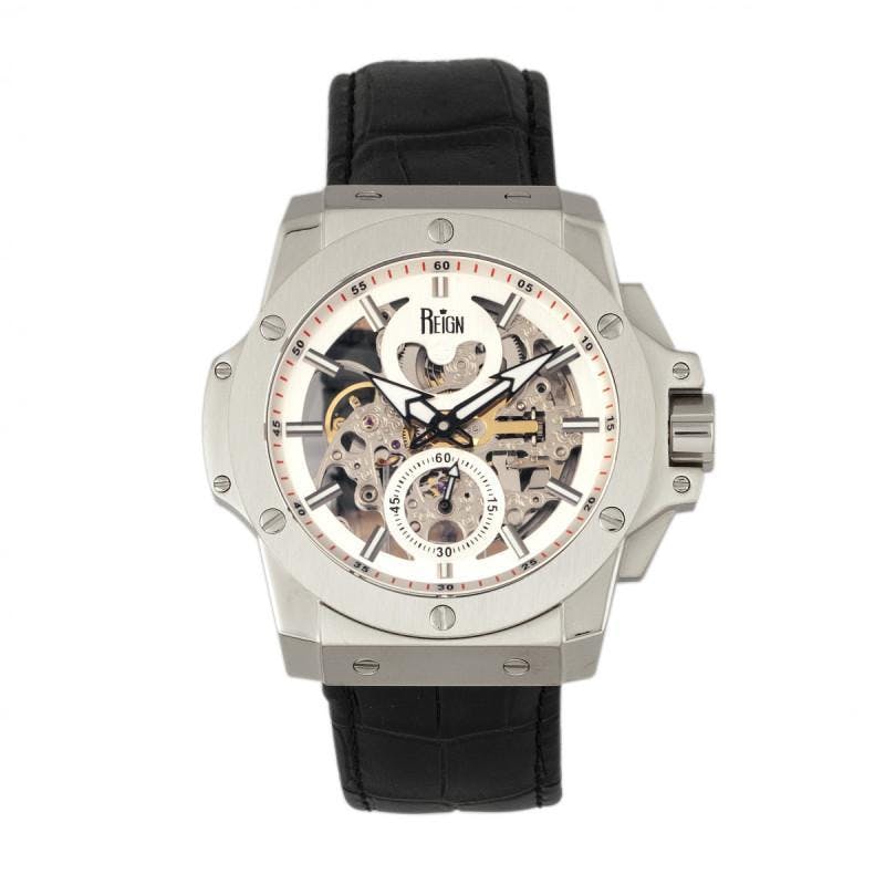 Reign Men's Silver Commodus Automatic Skeleton Watch - Leather Band