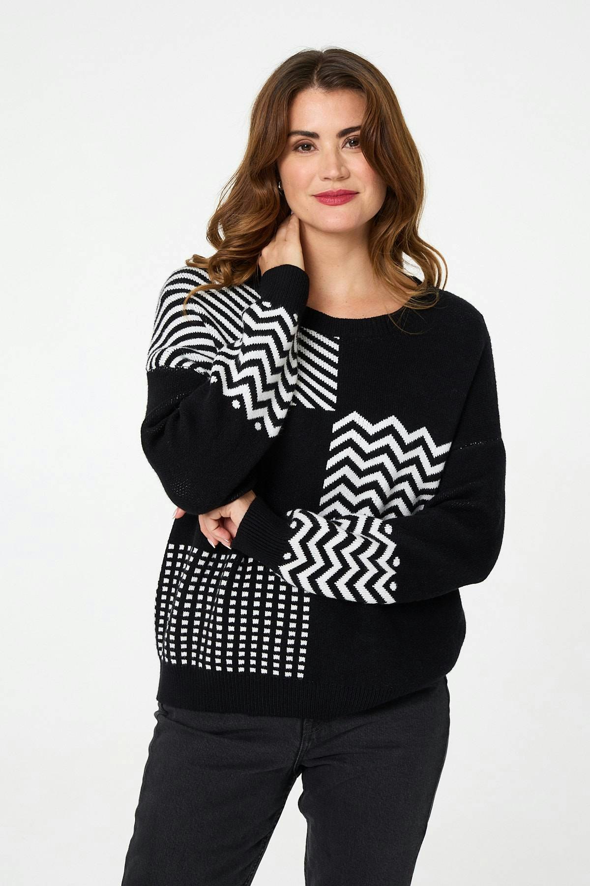 Izabel London Black Geo Print Drop Shoulder Relaxed Jumper - 10