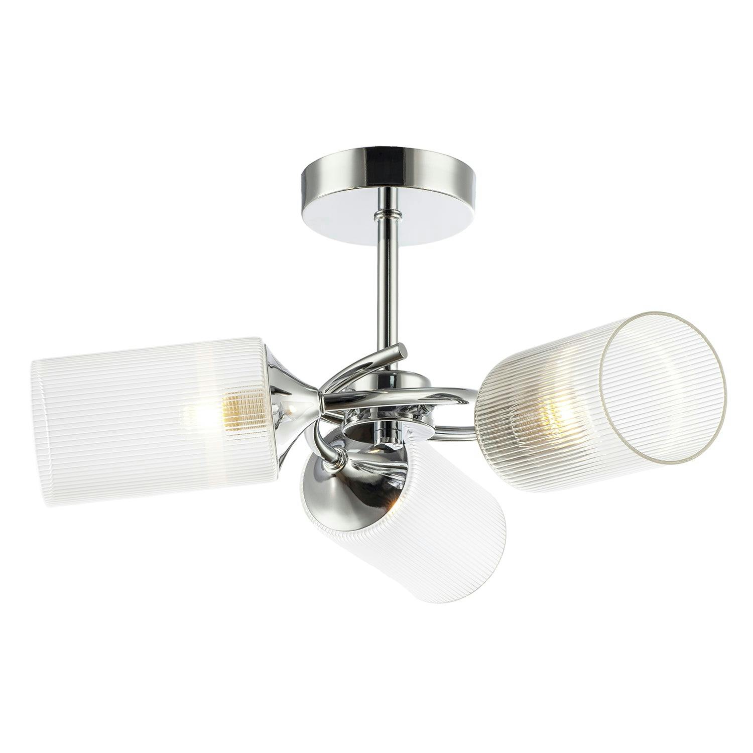 Happy Homewares Light Modern Chrome Ceiling With Cylindrical Lined Clear Glass Shades